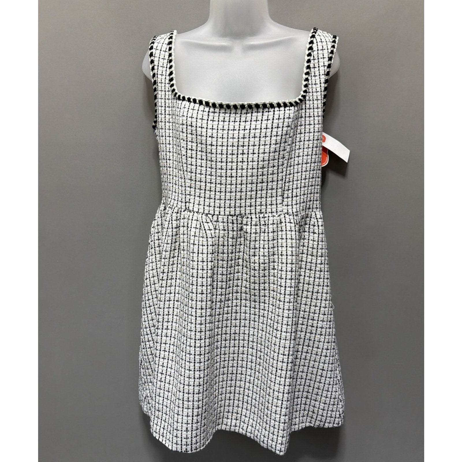 CIDER Women’s L Tweed Mini Dress Black White Plaid Square Neck Sleeveless NWT