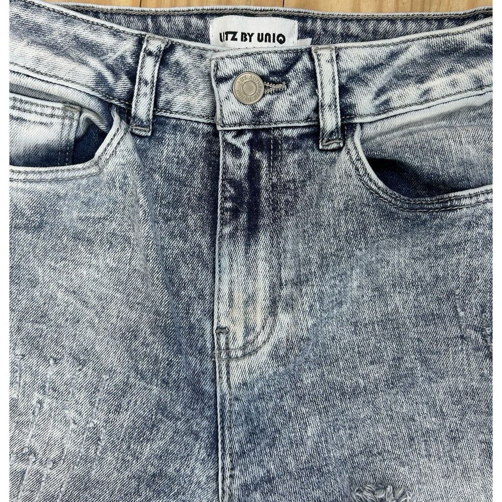 Uniq by Litz Streetwear Acid Wash Distressed Loose Fit Flare Jeans Sz 25 -1.