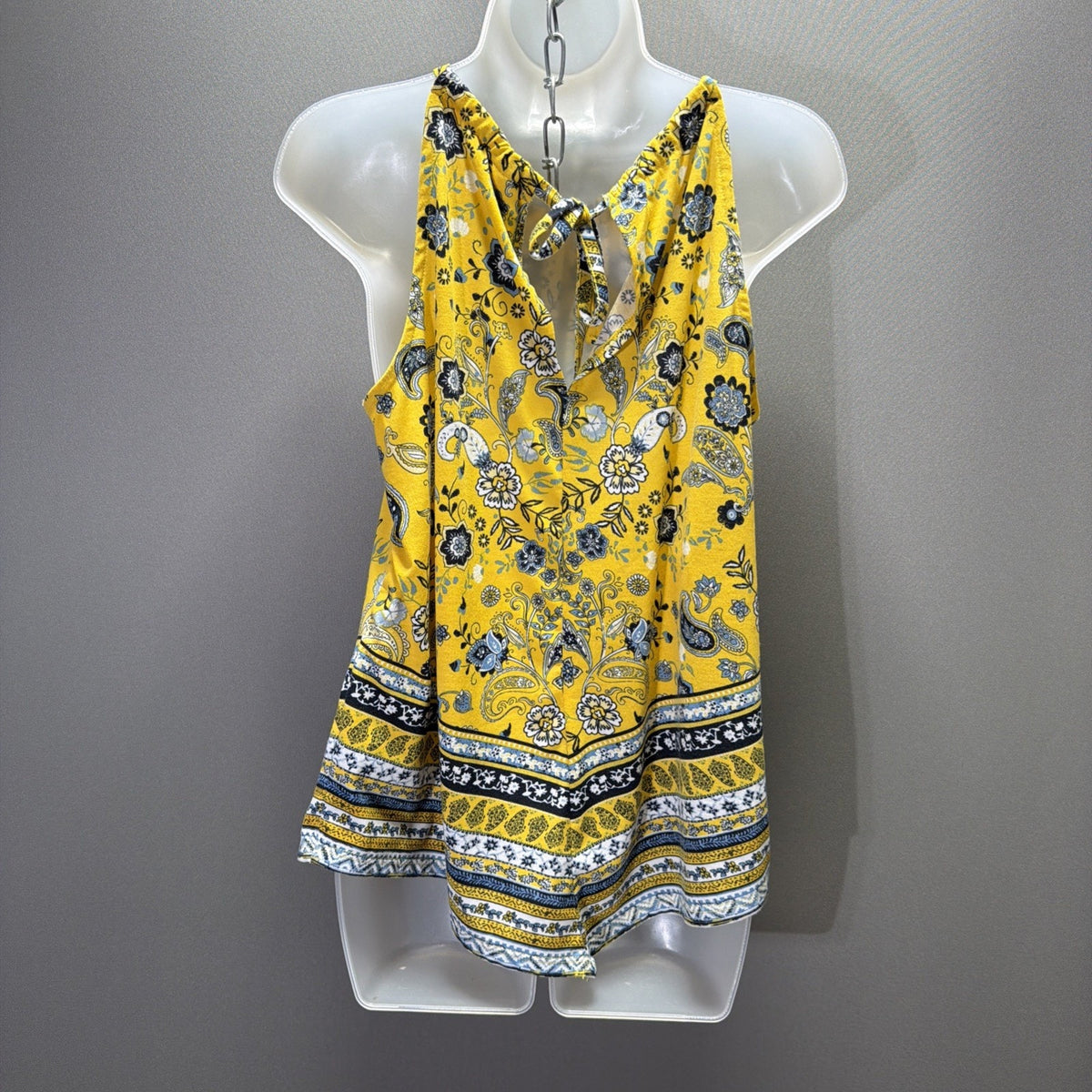 Cato Womens Medium Boho Crochet Neck Tank Top Yellow Blue Paisley