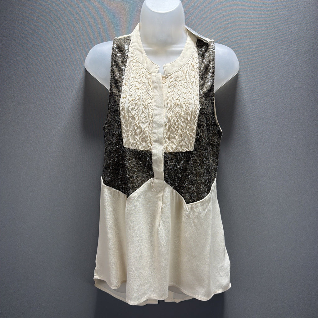 New BKE Buckle Top Womens Medium Ruffle Sequin Sleeveless Cream Brown NWT