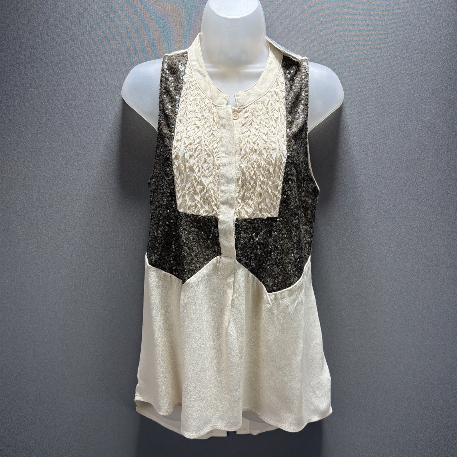 New BKE Buckle Top Womens Medium Ruffle Sequin Sleeveless Cream Brown NWT