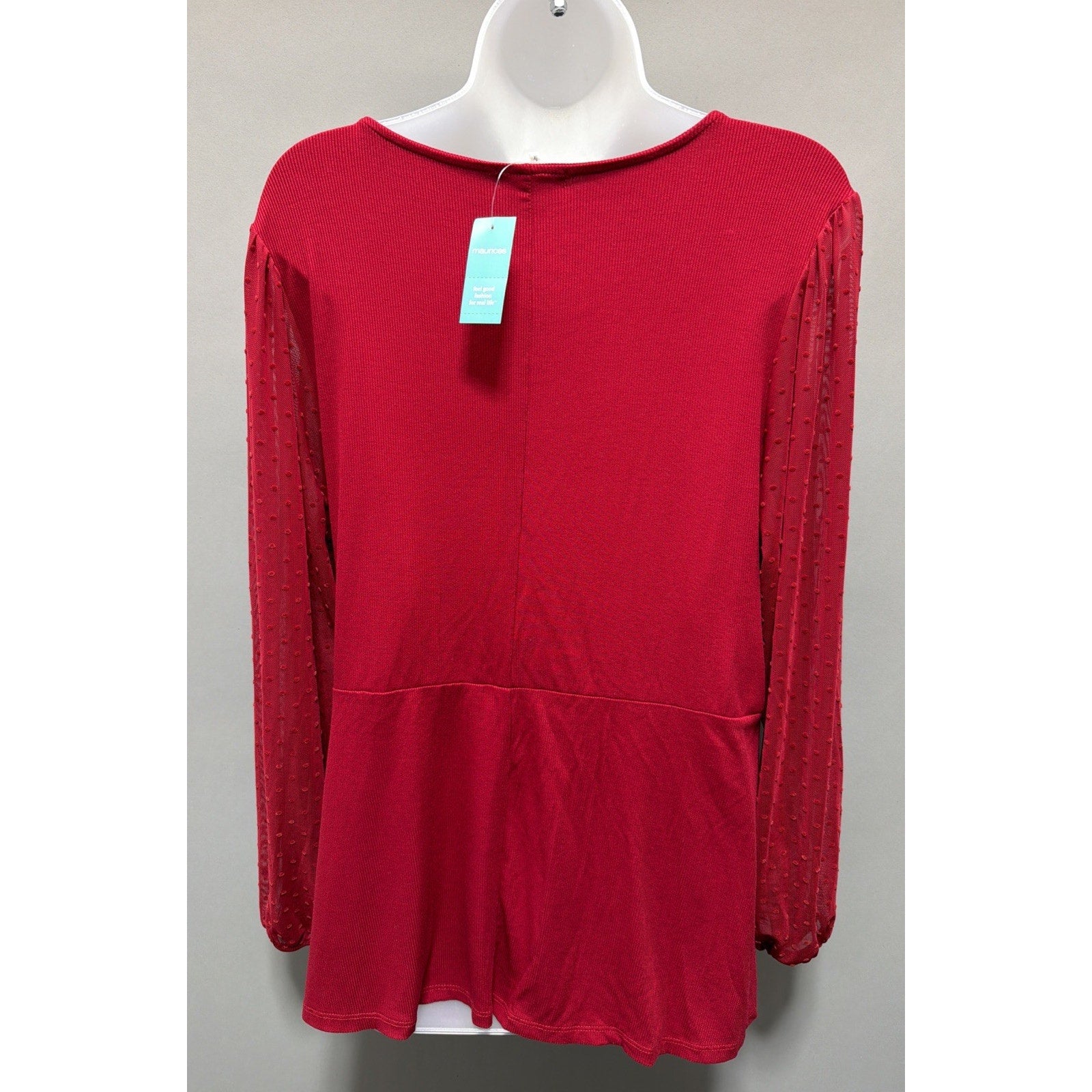 Maurices Red Surplice Tie Front Top Sheer Swiss Dot Sleeve Plus Size 1X