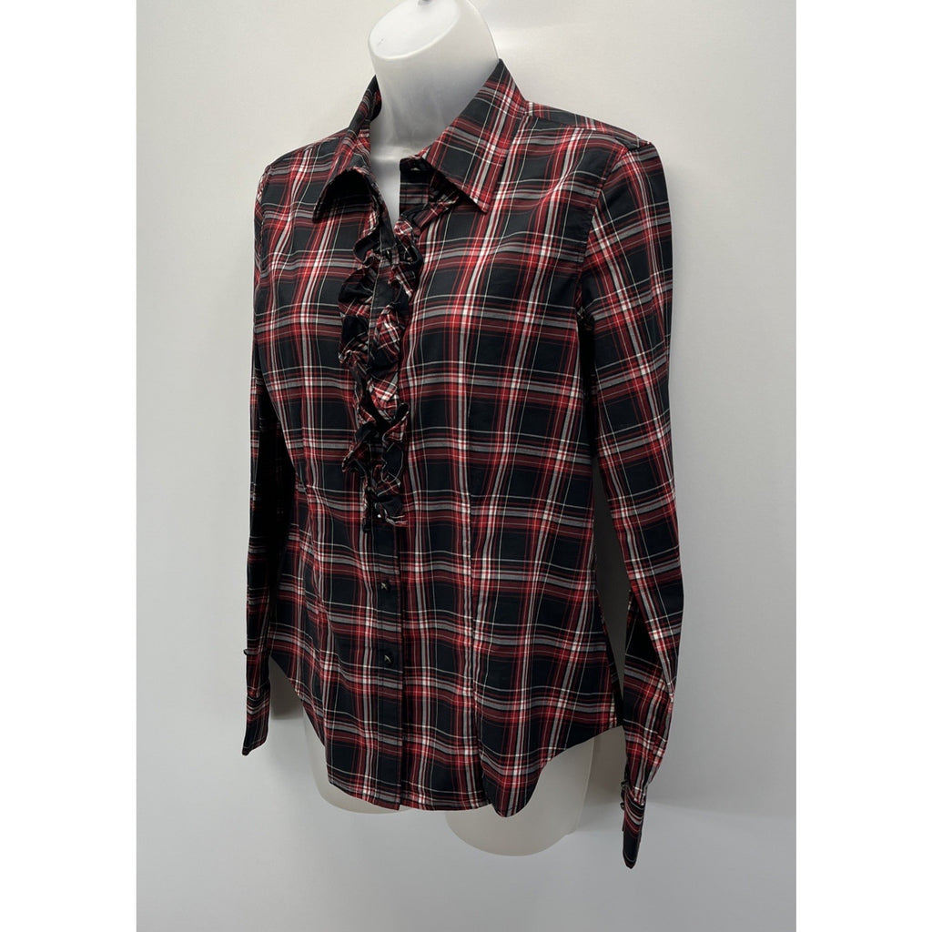 Talbots Black Red White Plaid Stretch Ruffle Button Down Blouse Size 6