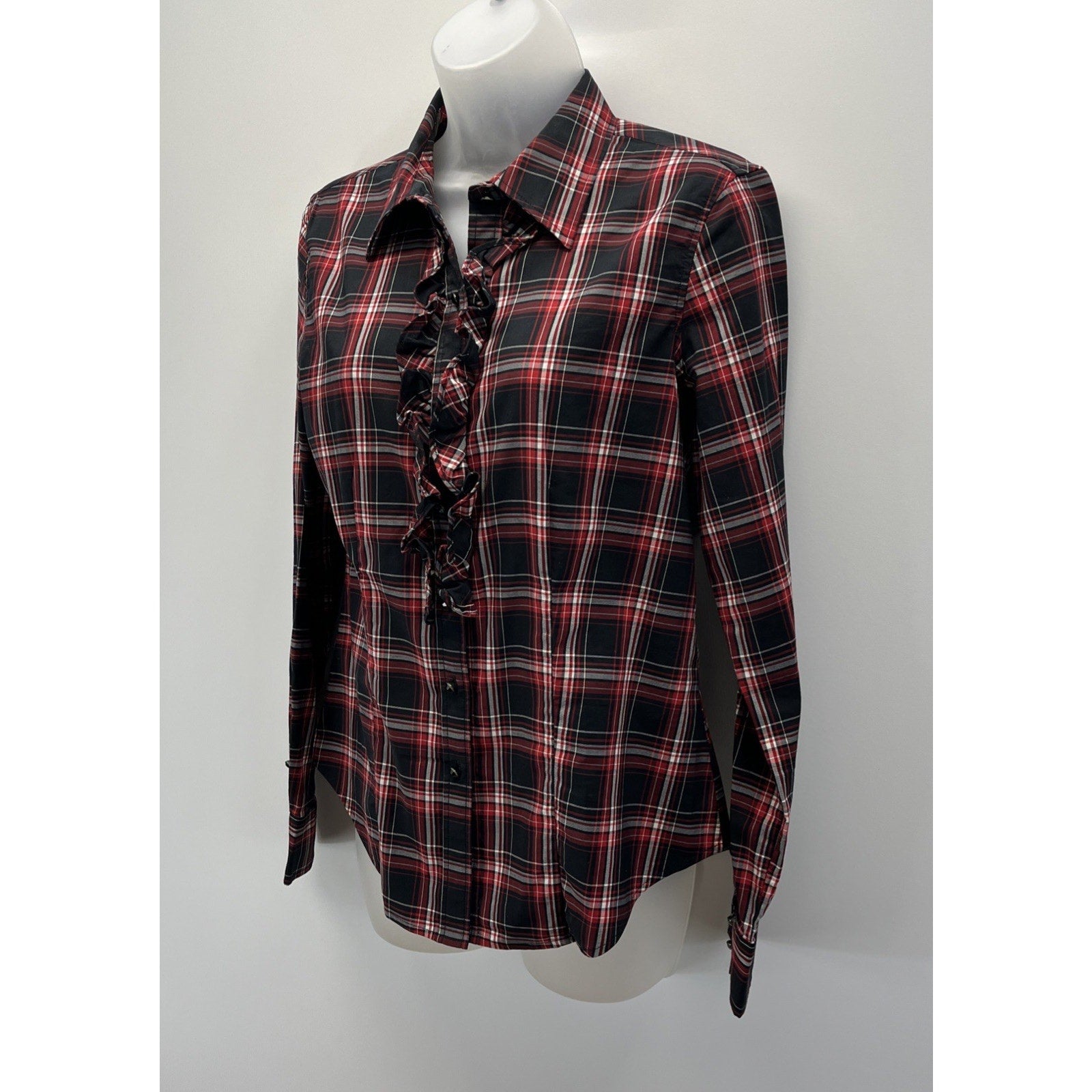 Talbots Black Red White Plaid Stretch Ruffle Button Down Blouse Size 6