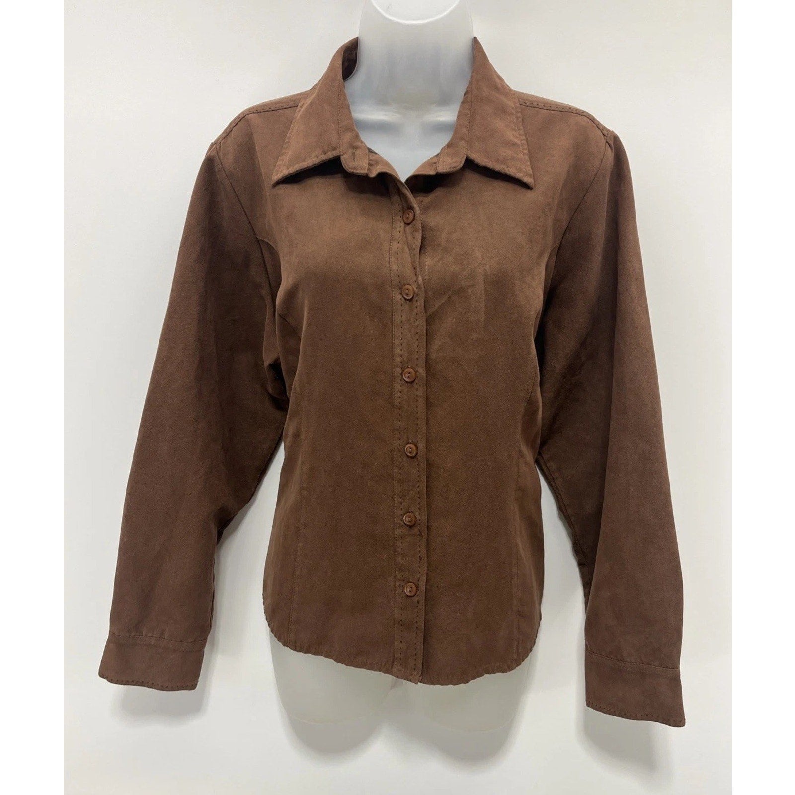 Lemon Grass Brown Rust Button Long Sleeve Faux Suede Shirt Sz XL