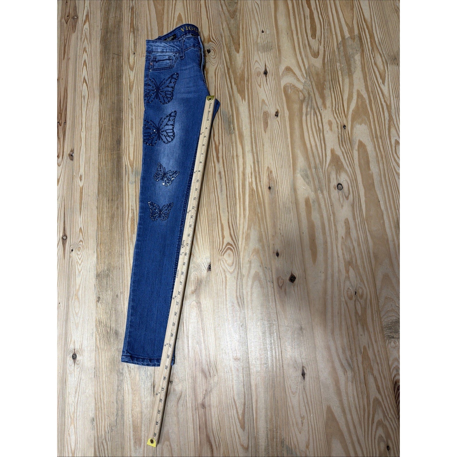 Vigoss Jeans Size 14 27x28.5 Blue Med Wash Butterfly Sequin The Jagger Skinny