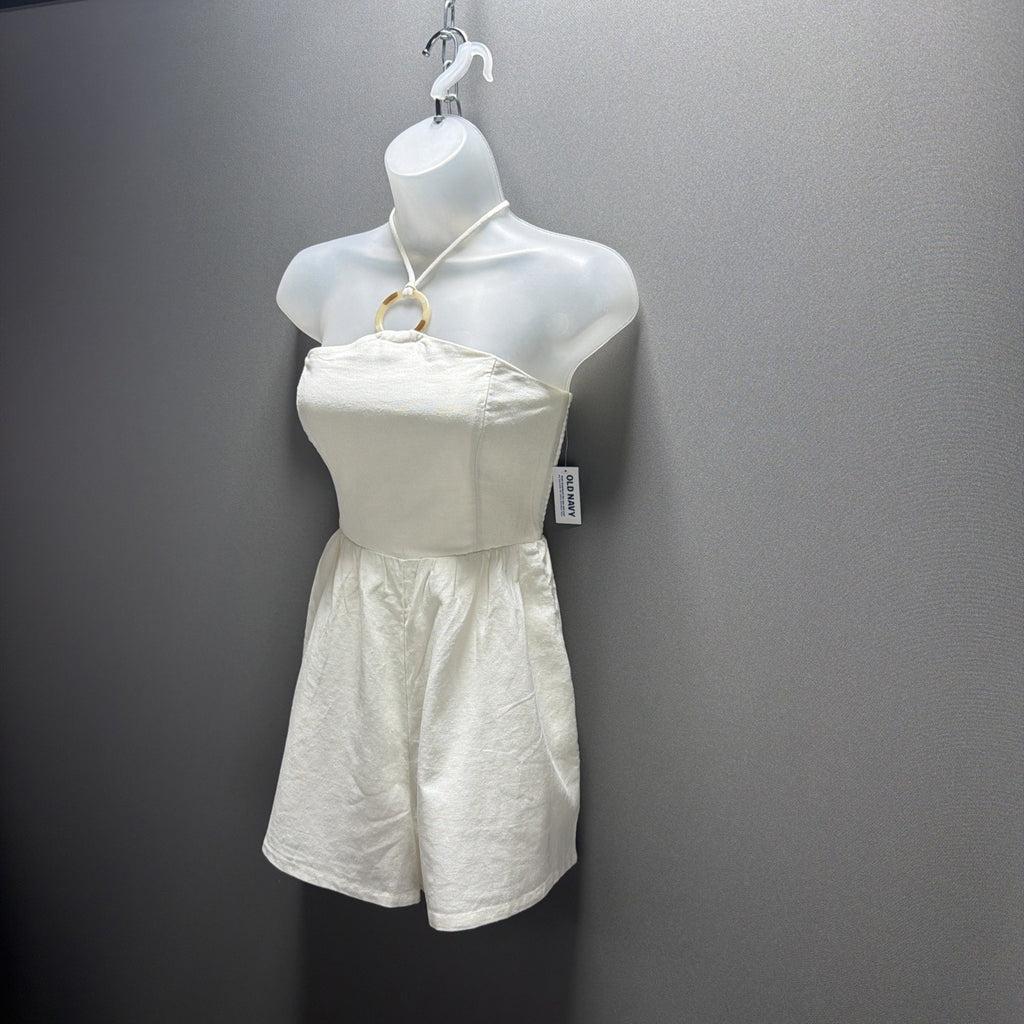 Old Navy Women's White Linen Blend O ring Halter Neck Romper Beachy Size XS New