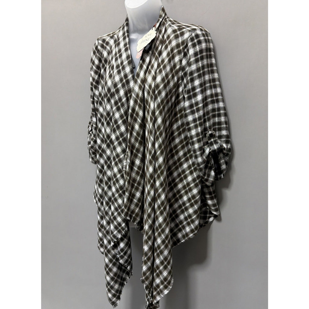 Knox Rose Size Medium Plaid Shawl Cardigan Fringe Bottom Jacket 3/4 Sleeves NWT
