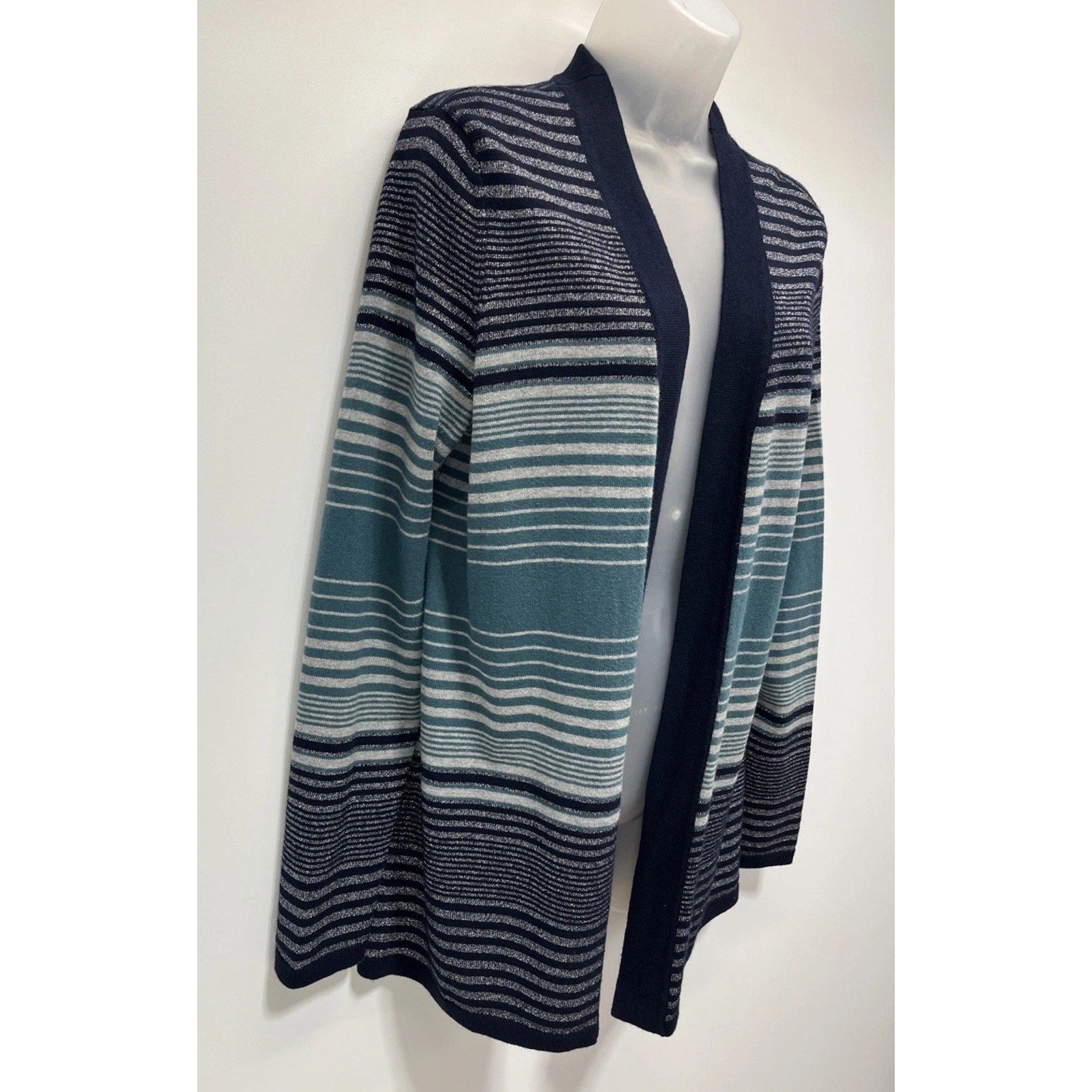 Beautiful Talbots striped open Silver Shimmer Cardigan sweater Size Medium