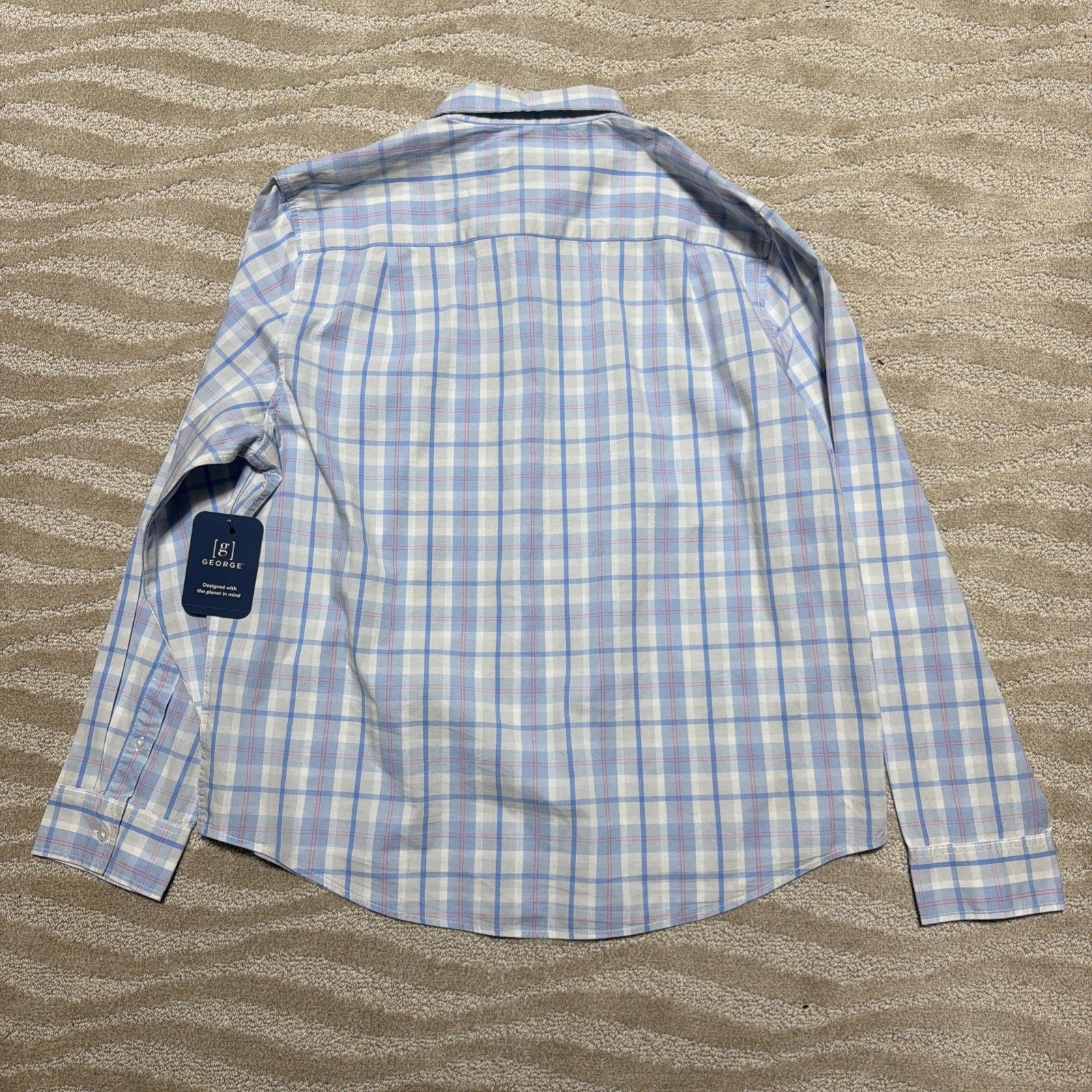 George Men’s Button Down Stretch Poplin Shirt XL 46-48 Blue Plaid NWT