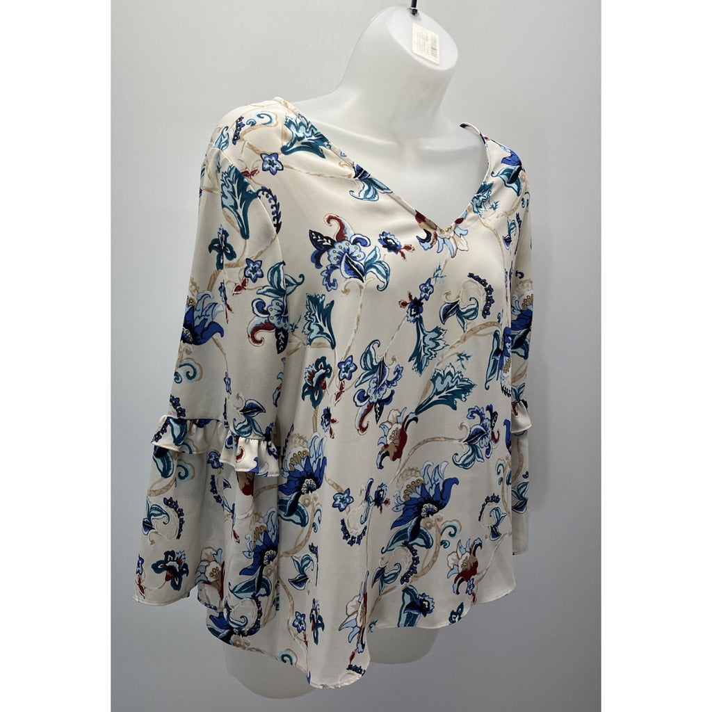 White House Black Market blouse floral print bell sleeves V-neckline Sz M