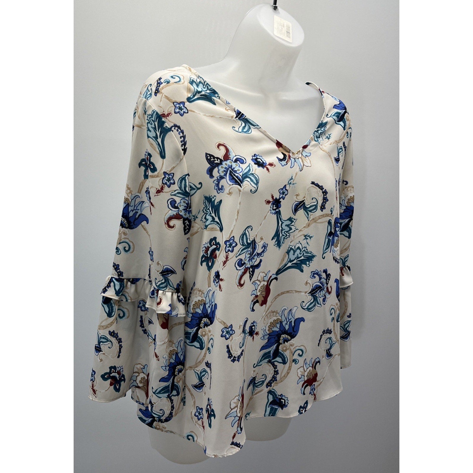 White House Black Market blouse floral print bell sleeves V-neckline Sz M