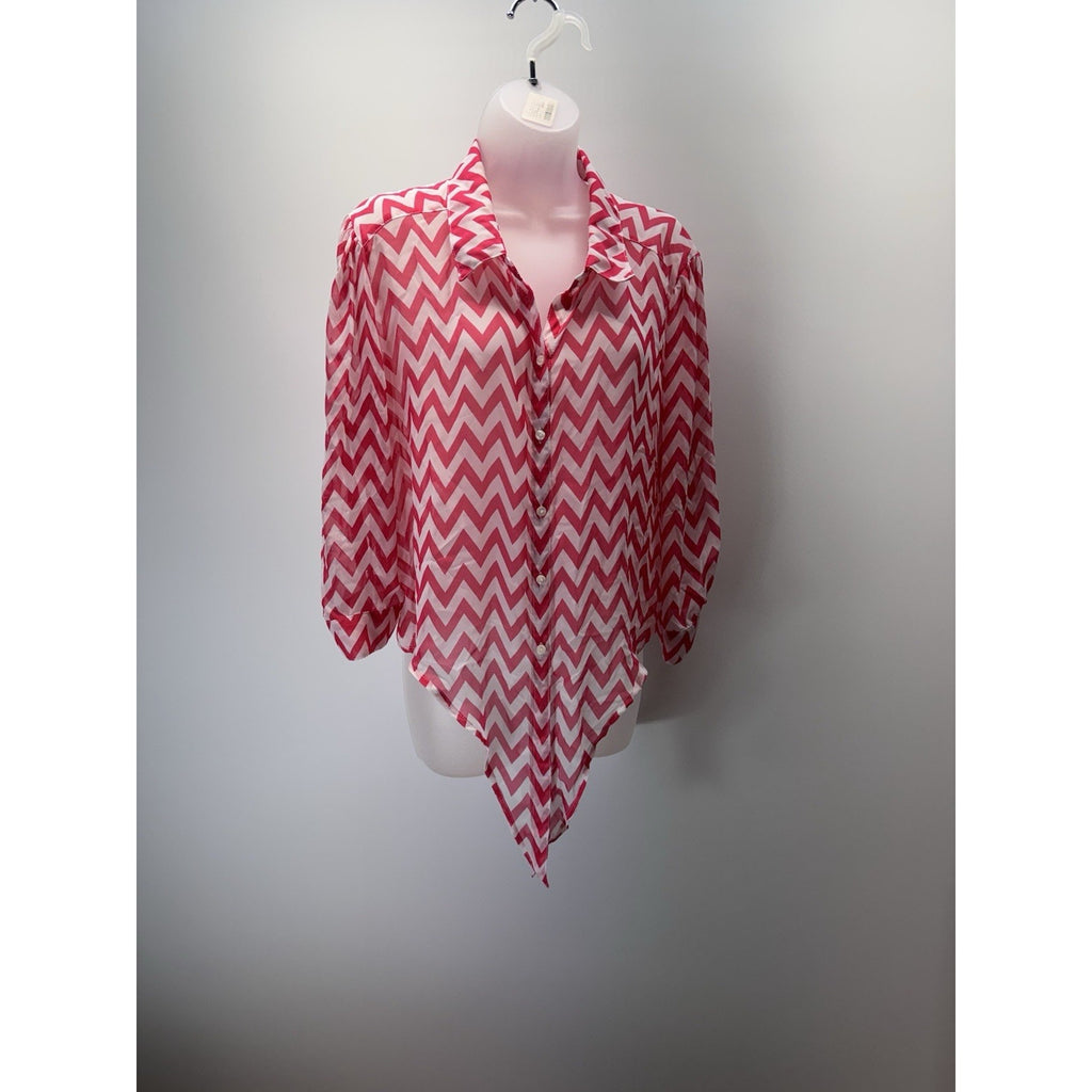 NO BOUNDARIES Women’s Large Chevron Hot Pink XXL Zig Zag Tie Front Blouse