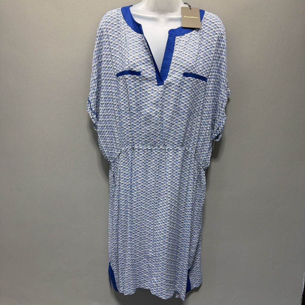 Tommy Bahama Fan Festival Split Neck Dress Size XL Blue Sea Shells NWT