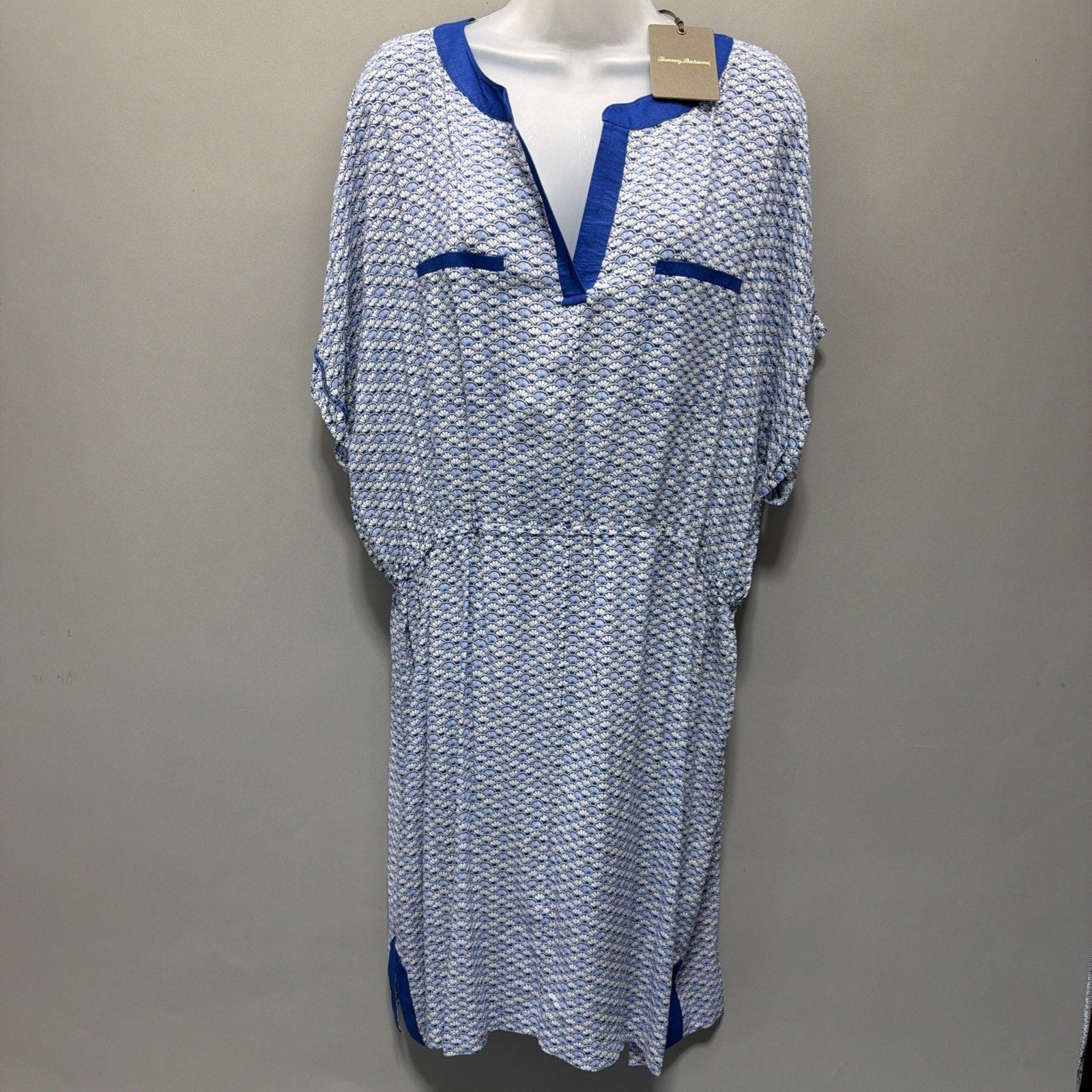 Tommy Bahama Fan Festival Split Neck Dress Size XL Blue Sea Shells NWT