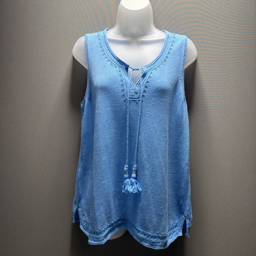 TOMMY BAHAMA 100% Linen Tie Neckline Sleeveless Embellished Top Size Large