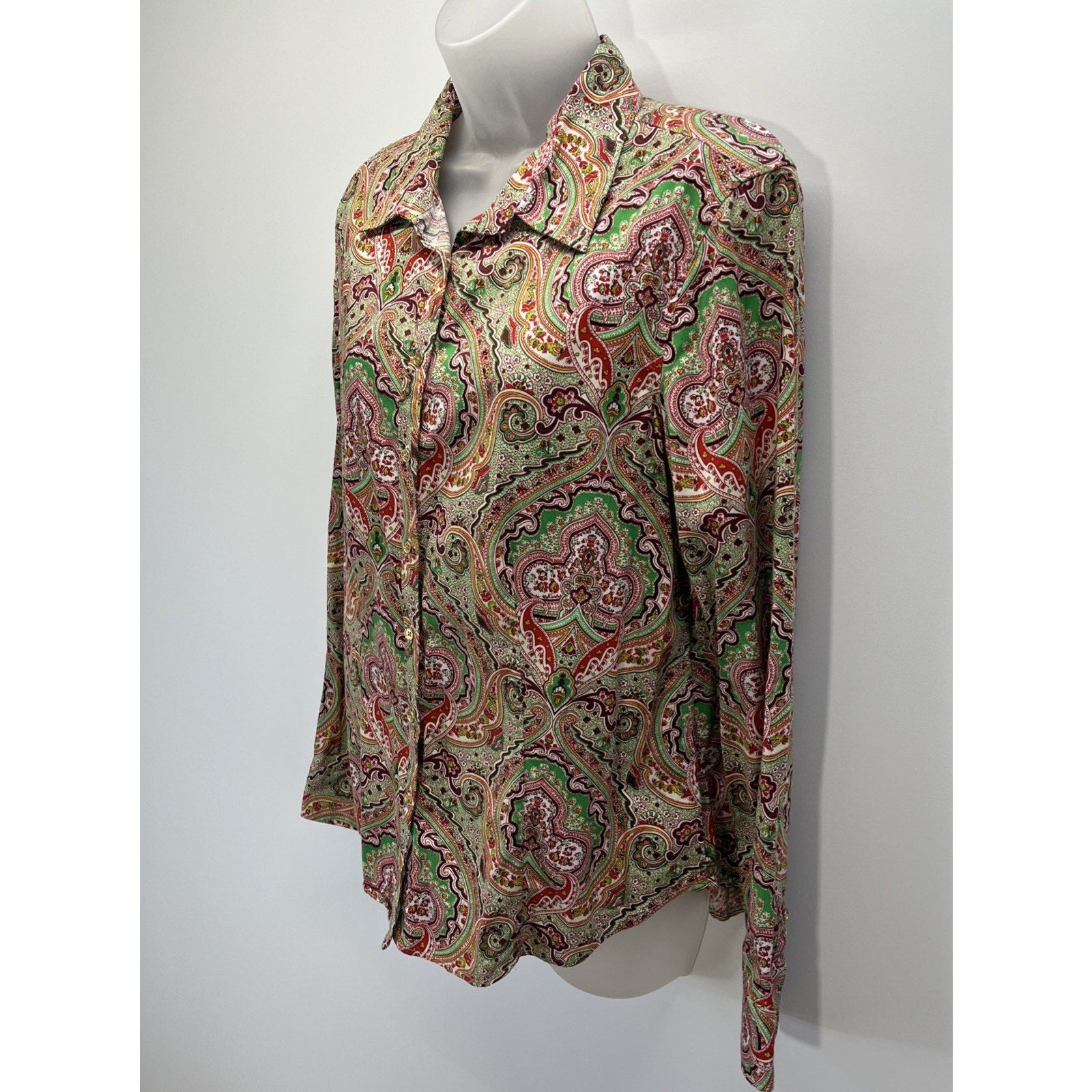 Talbots Green Red Paisley Button Down Shirt Stretch Collared Long Sleeve 14