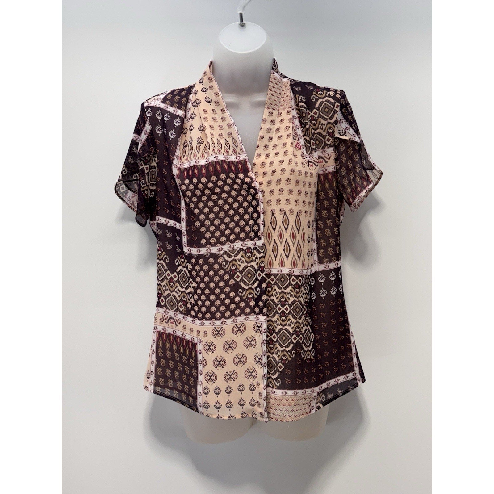 CALVIN KLEIN Patchwork Print Blouse Short Flutter Sleeve Women’s Small NWT