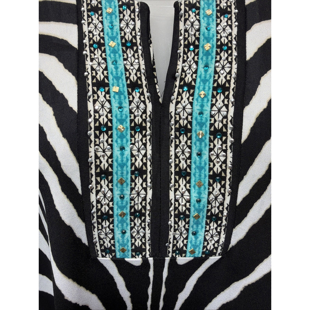 JM Collection Blouse Size L Black Animal Print Beads Boho Aztec V-Neck