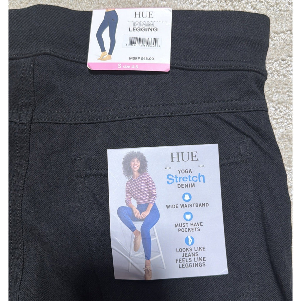HUE Black Yoga Stretch Denim High Rise Back Pockets Full Length Legging Sz S 4-6