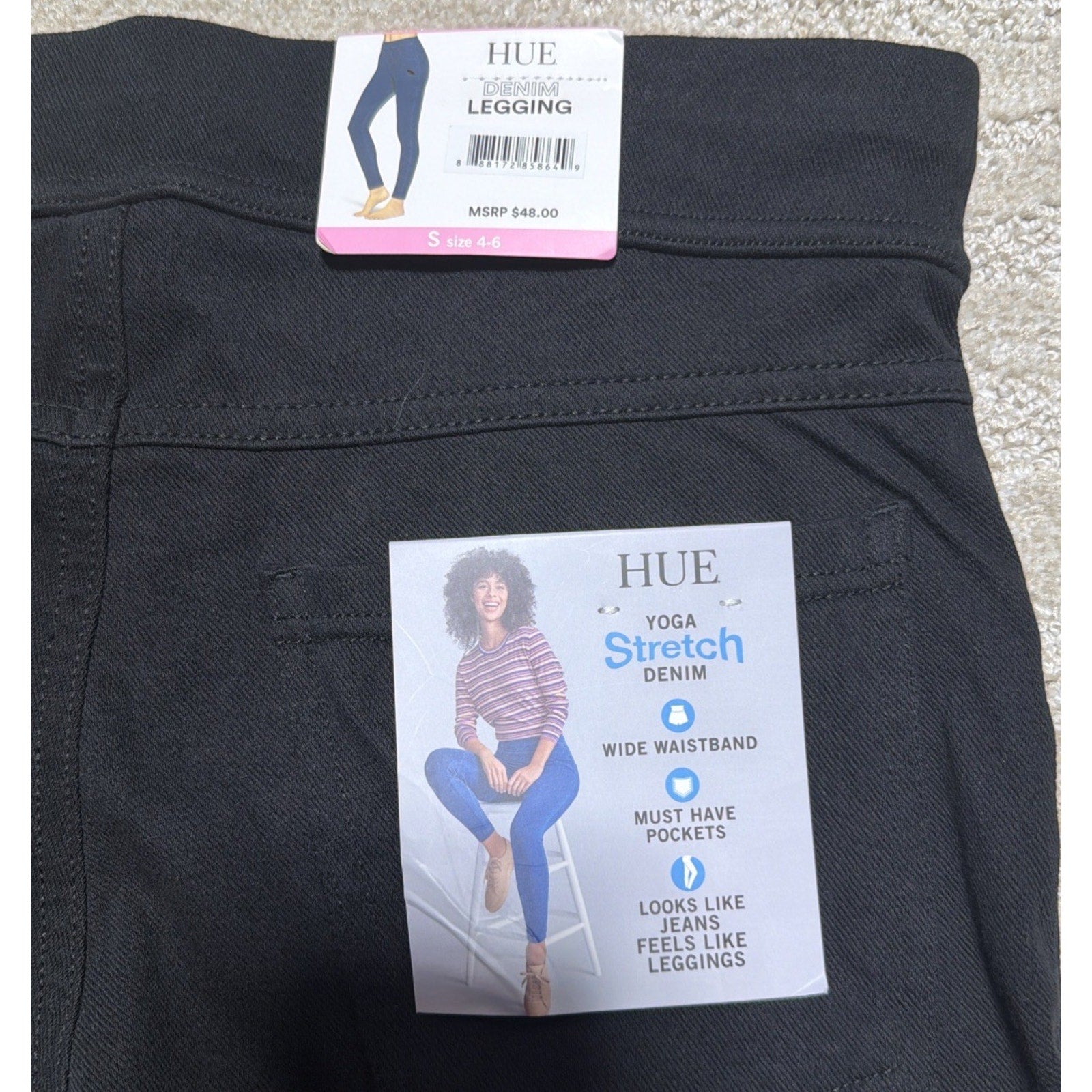 HUE Black Yoga Stretch Denim High Rise Back Pockets Full Length Legging Sz S 4-6