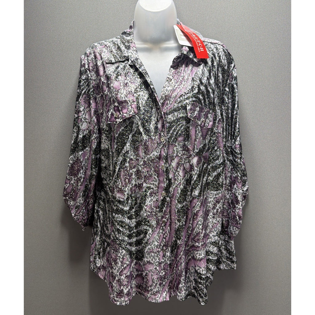 NWT Emily Daniels Beautiful Purple Black Silver Metallic Blouse- Size XL