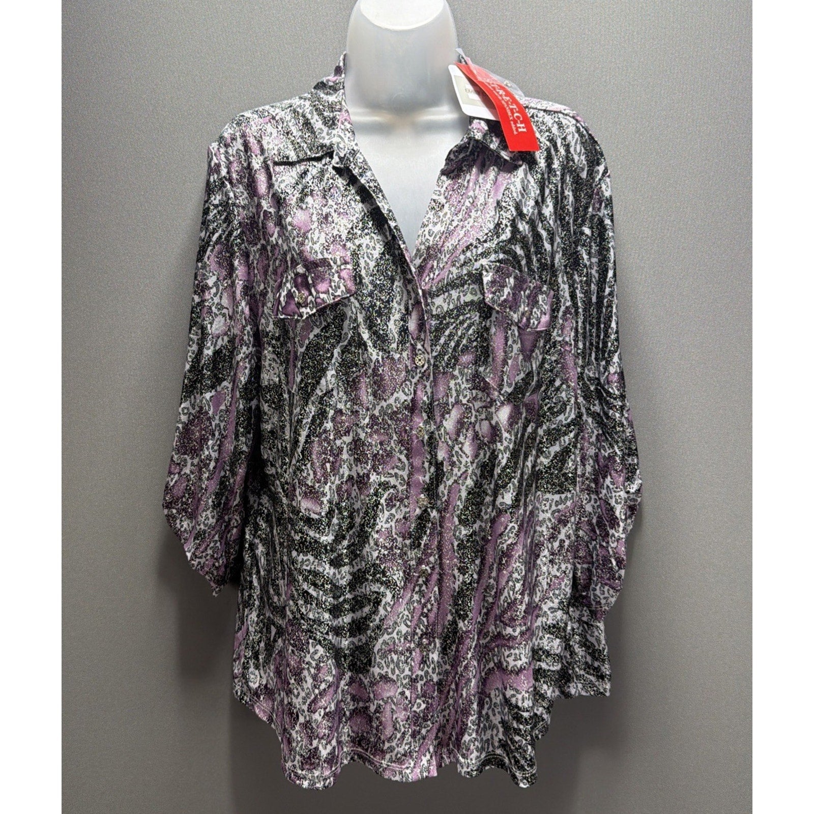 NWT Emily Daniels Beautiful Purple Black Silver Metallic Blouse- Size XL