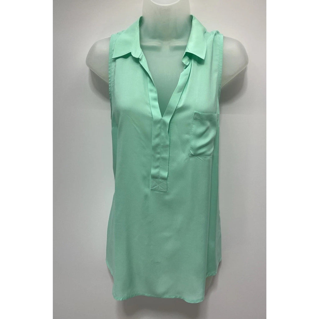 OLD NAVY SZ M 100% Rayon Aqua Bath Green Collared V-Neck Tank Top Blouse Shirt
