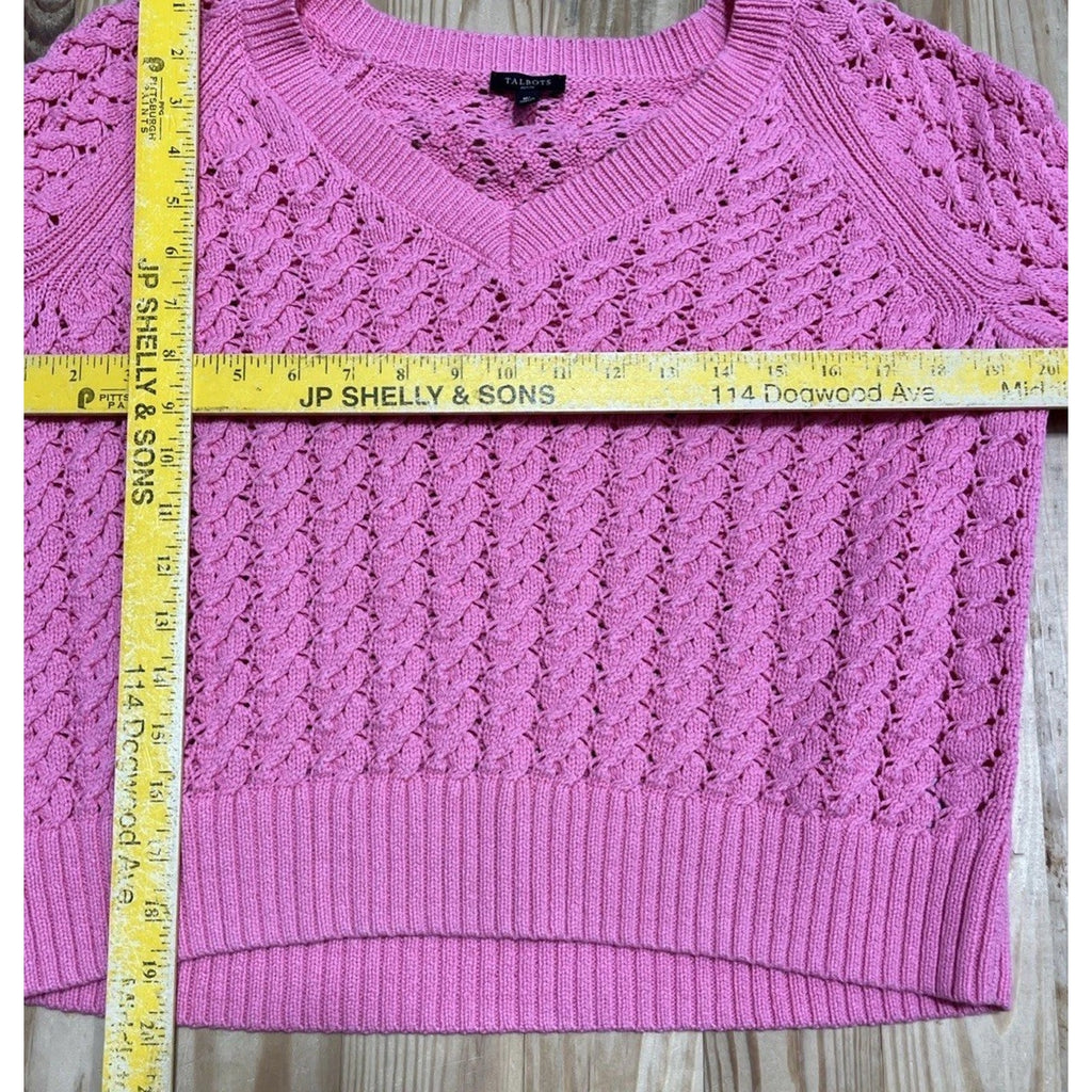 Talbots Sweater Womens M Petite 100% Cotton Open Knit Pullover Pink V Neck