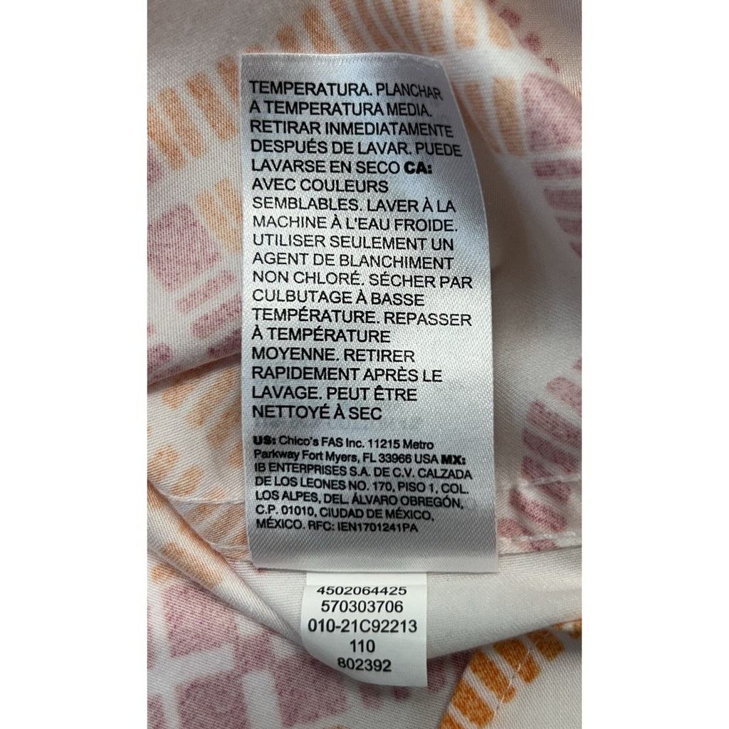 Chico's Summer White Wrinkle-free Cotton Blouse Pink Orange Sz00 US 0/2
