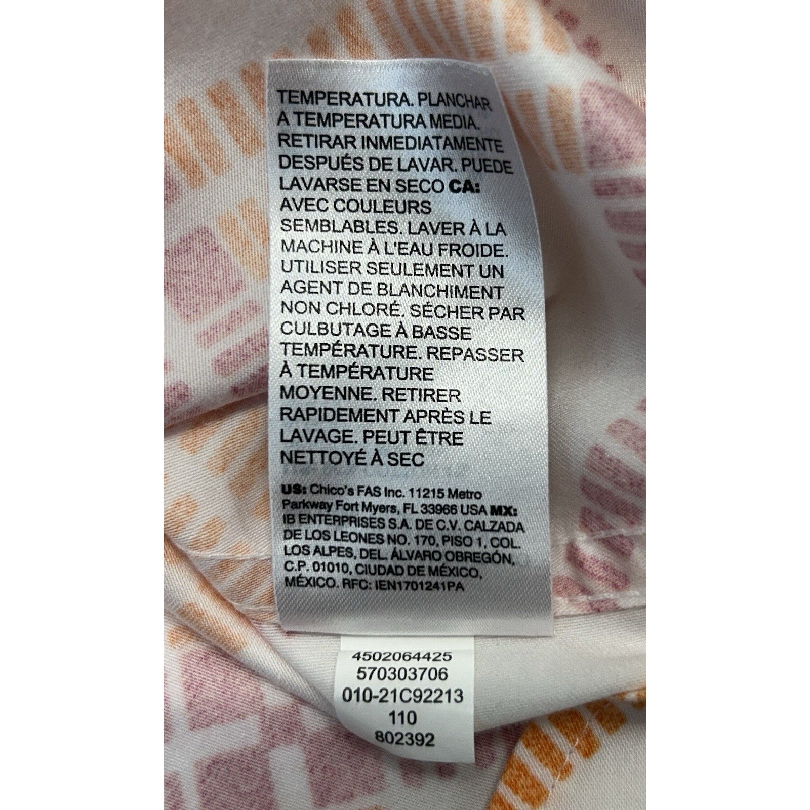 Chico's Summer White Wrinkle-free Cotton Blouse Pink Orange Sz00 US 0/2