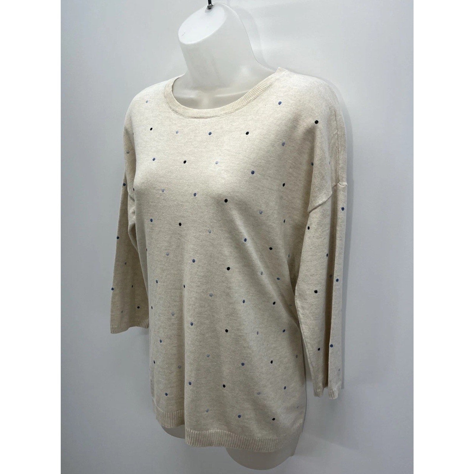 J.Jill Women's M Ivory Blue Embroidered Polka Dot Pullover Sweater 3/4 Sleeves