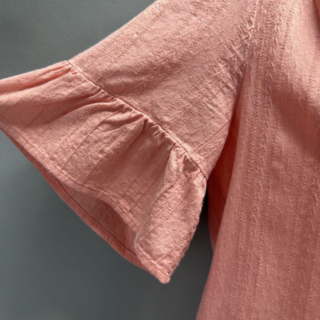 Loft Pink Ruffle Blouse Bell Sleeve V Neck Embroidered Size XS