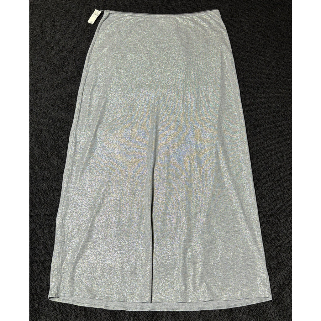 NWT Aerie Womens L Shimmer Maxi Skirt Silver Glitter Ribbon Detail Stretch New