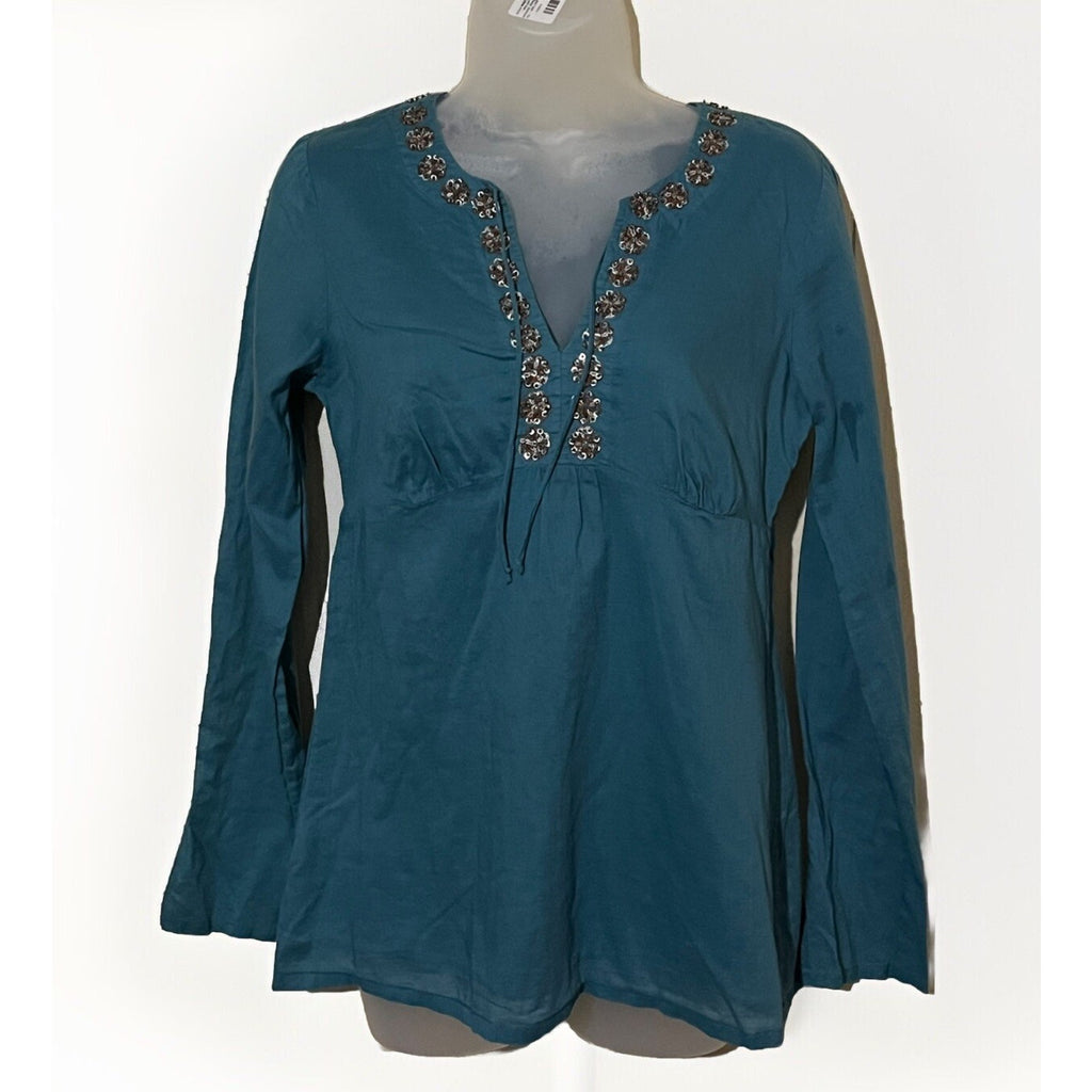 Ann Taylor LOFT Shirt Womens 4 Green Blouse Long Sleeve Embroidered Round Neck