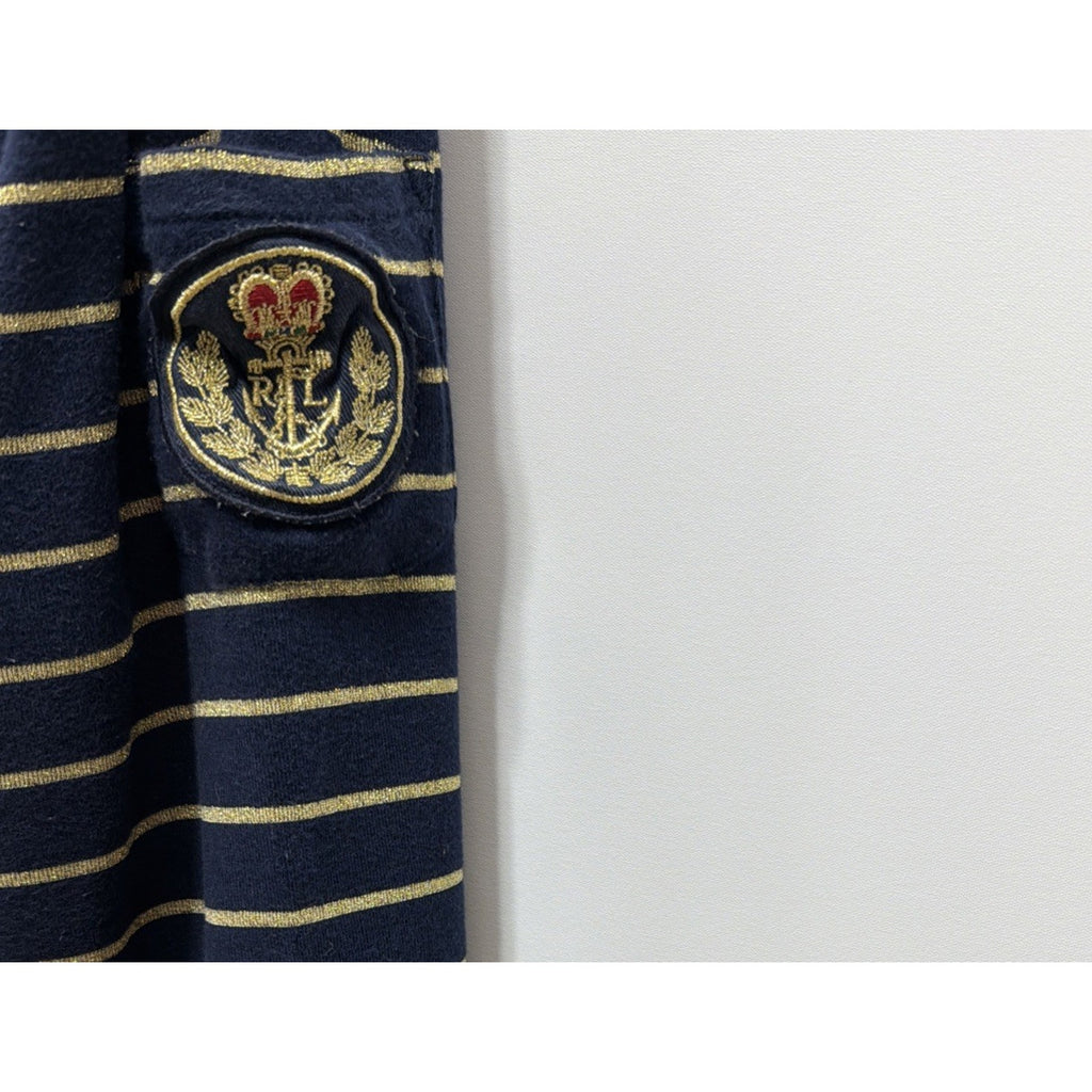 Lauren Ralph Lauren Navy Blue Gold Stripe Top Size 2X Sleeve Pocket Crest Logo