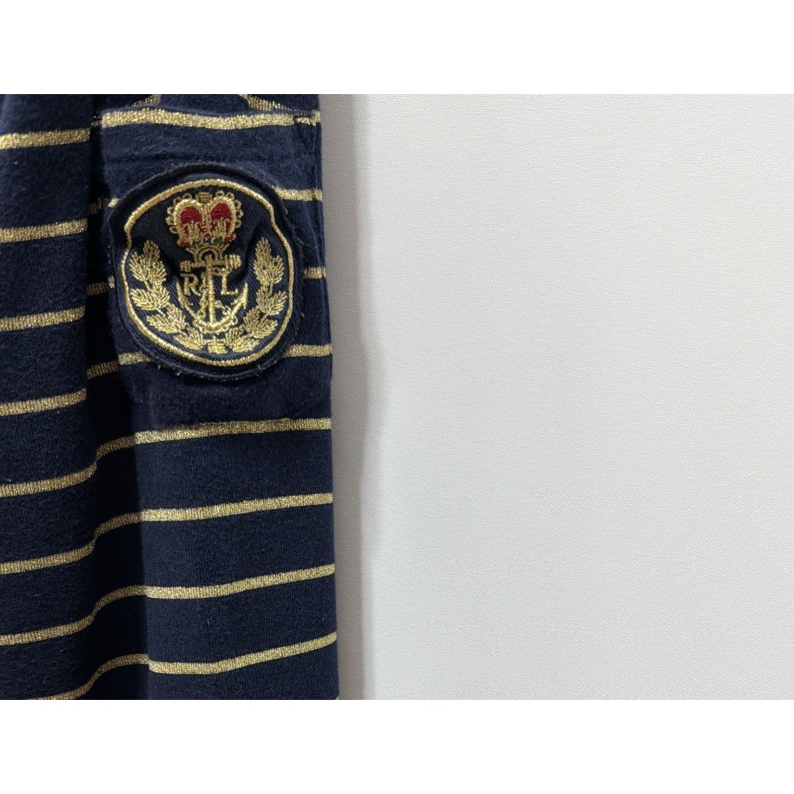 Lauren Ralph Lauren Navy Blue Gold Stripe Top Size 2X Sleeve Pocket Crest Logo