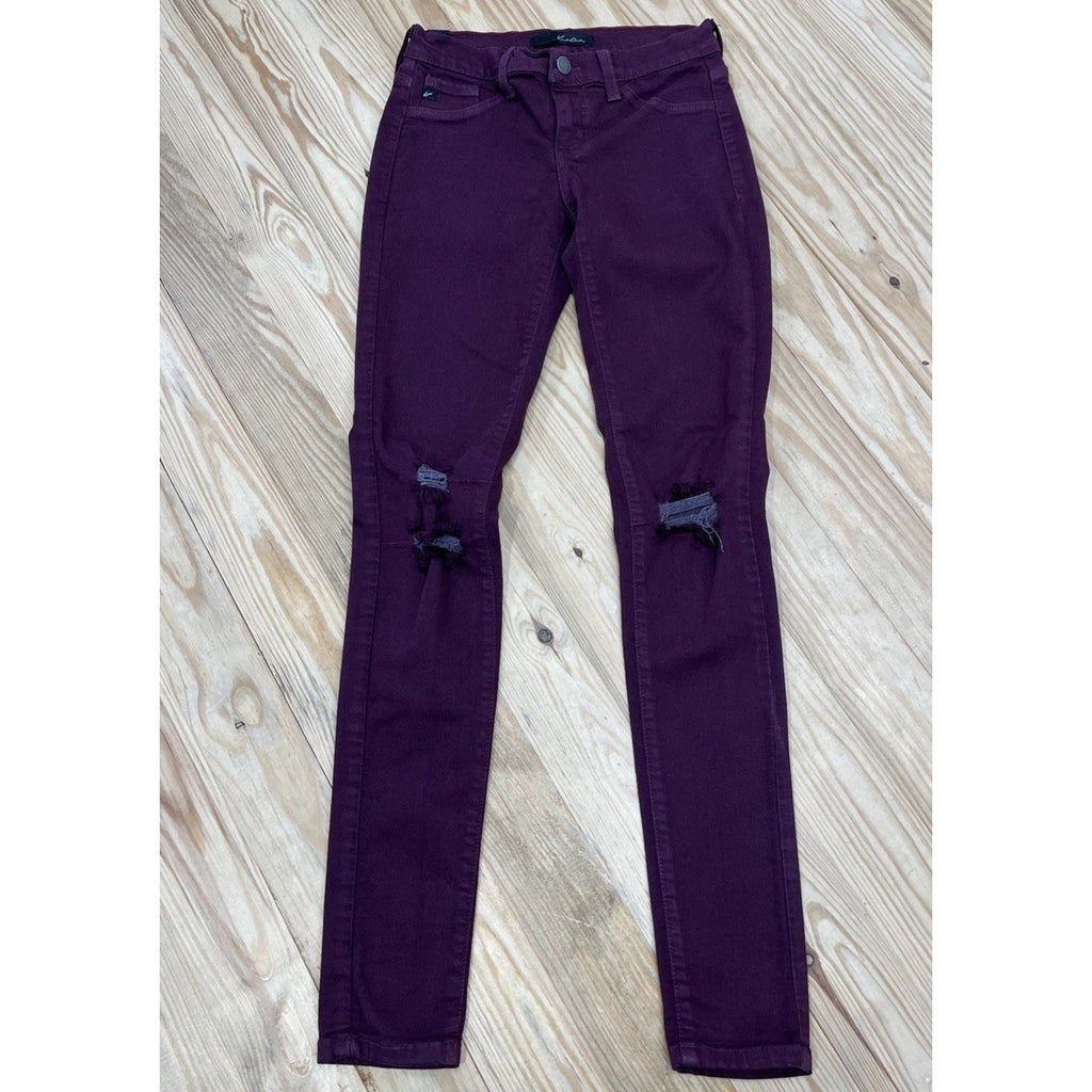 KanCan Women's 25 Skinny Jeans Burgundy Ripped Knees Stretch Denim Jegging