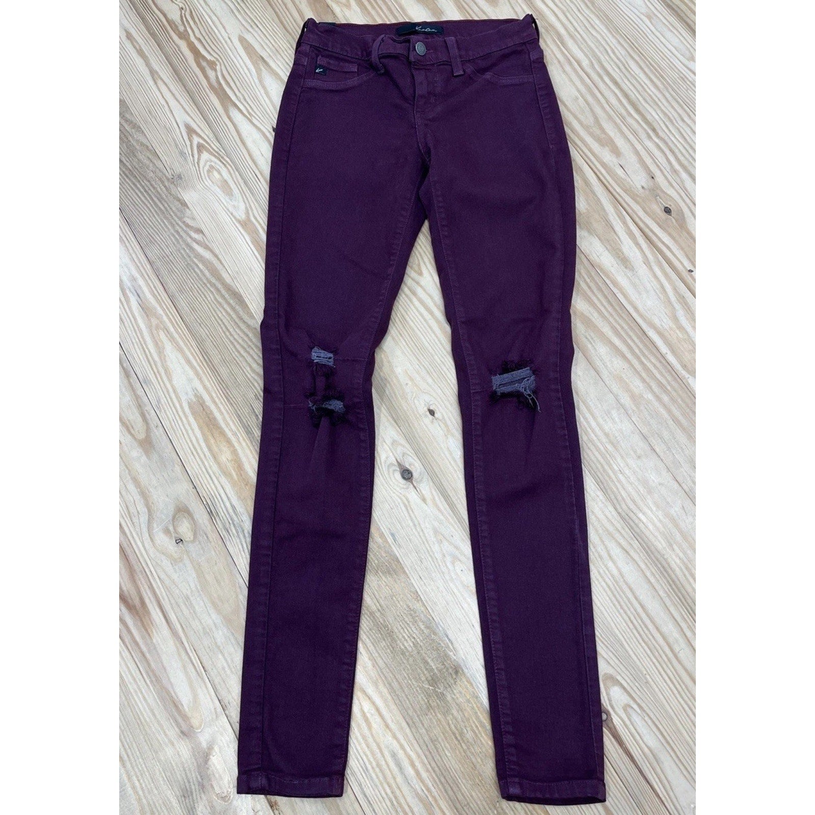 KanCan Women's 25 Skinny Jeans Burgundy Ripped Knees Stretch Denim Jegging