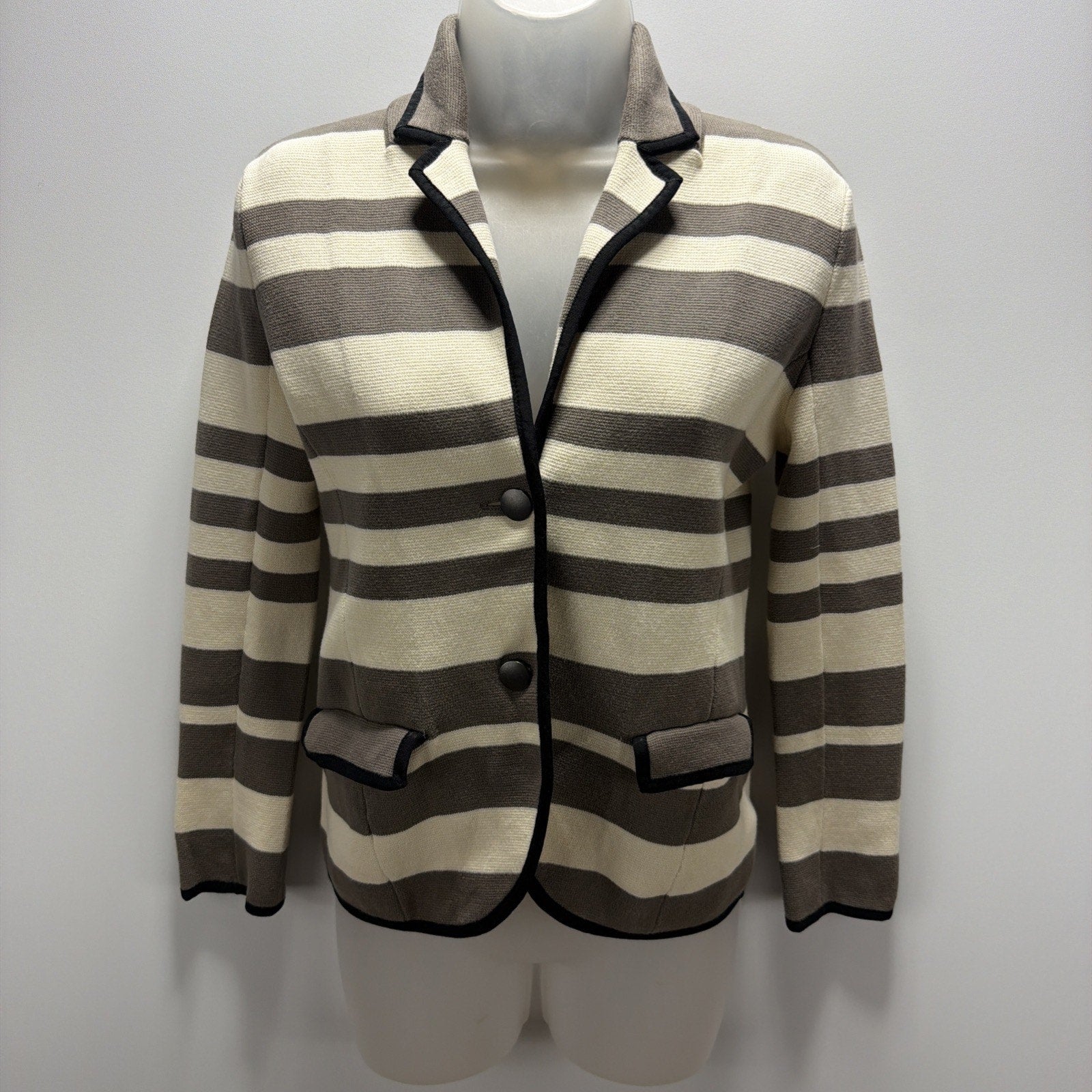 LOFT Ann Taylor Striped Knit Blazer Womens Medium Brown Cream Cotton Jacket