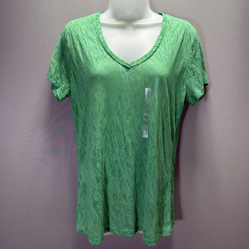 Loft Womens L Green Semi Sheer Velvet Feel Floral V Neck Short Sleeve Tee NWT
