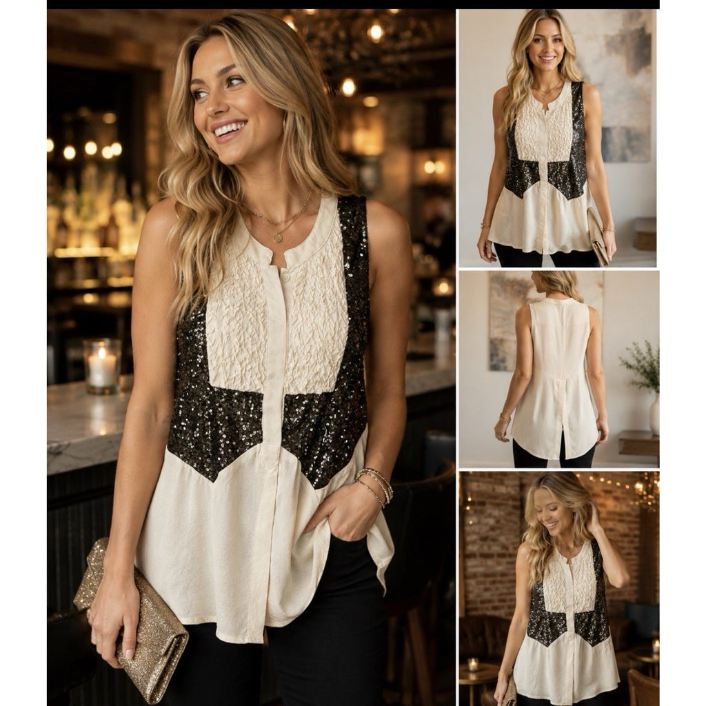 New BKE Buckle Top Womens Medium Ruffle Sequin Sleeveless Cream Brown NWT