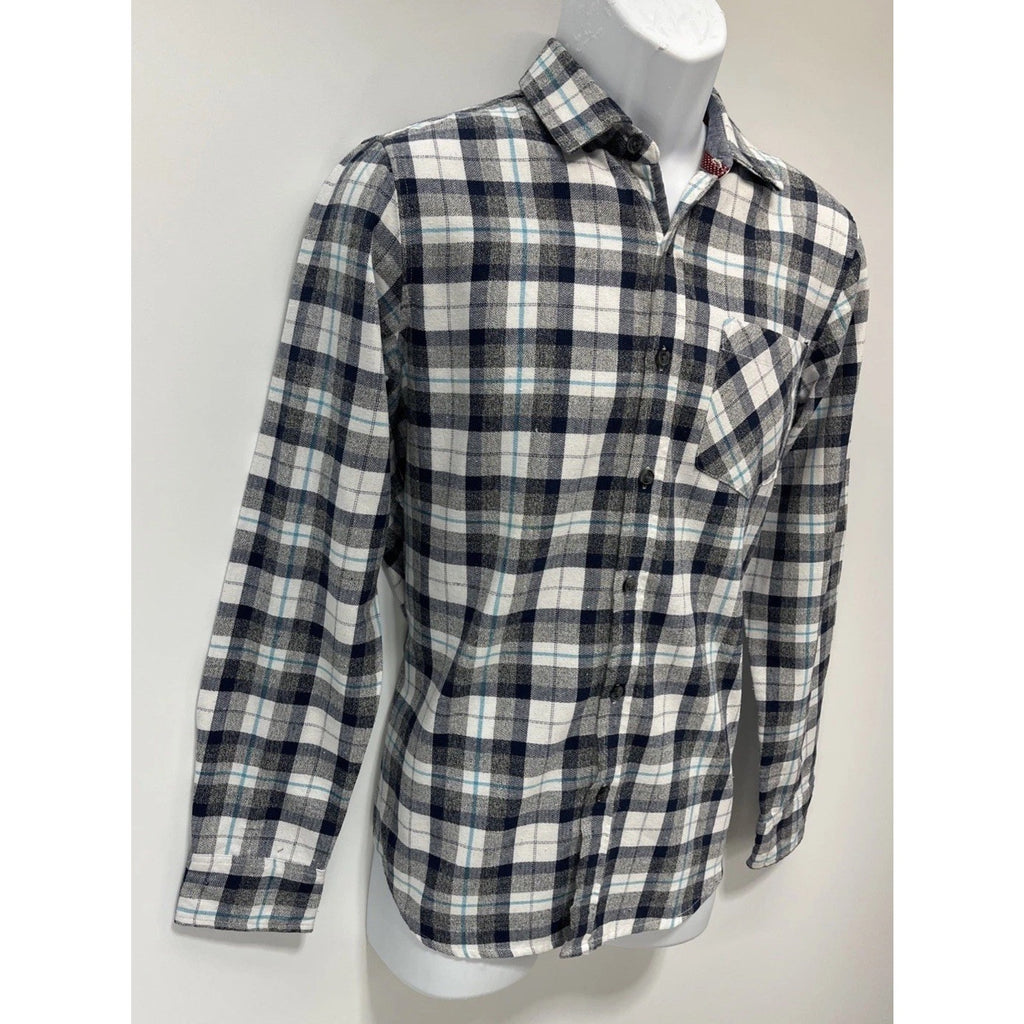 MBX LA Flannel Collection Men's Button-Down Shirt Gray/White Blue Plaid Size S