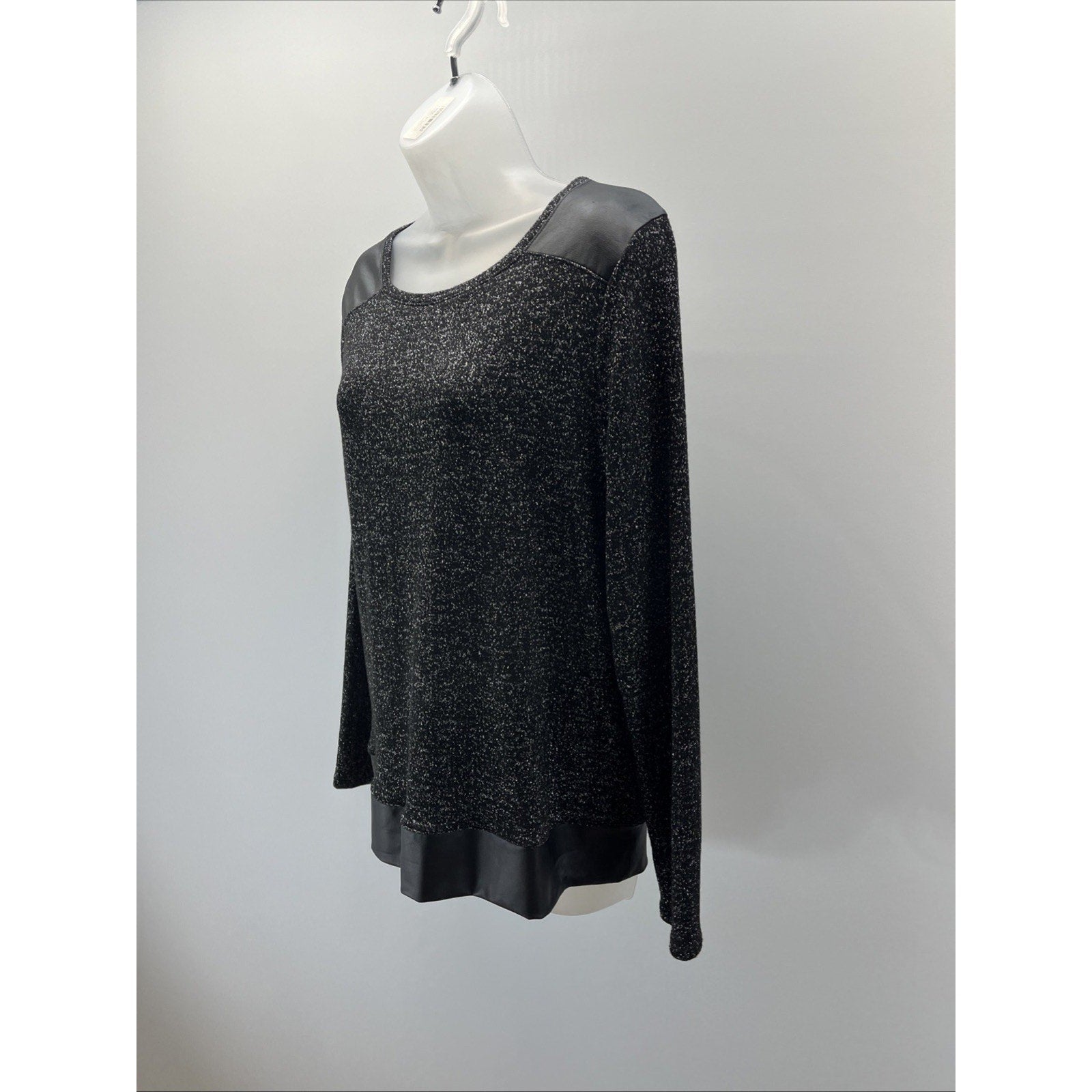Chico's Womens Metallic Faux Leather Trim Blouse Size 1 Black Long Sleeve