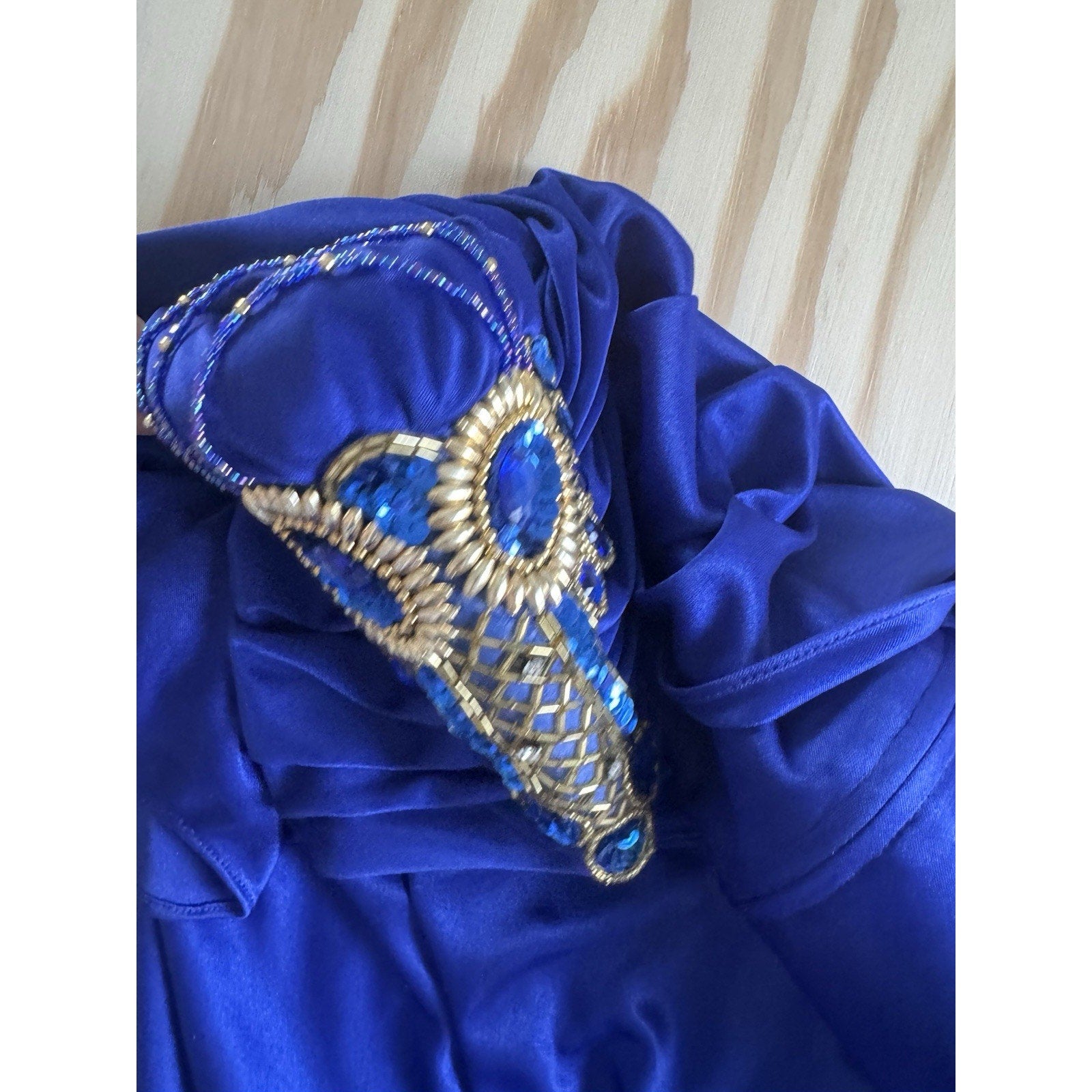 Royal Blue Embellished Padded Shoulder Dress Draped Ruffle Hem Cocktail Party M
