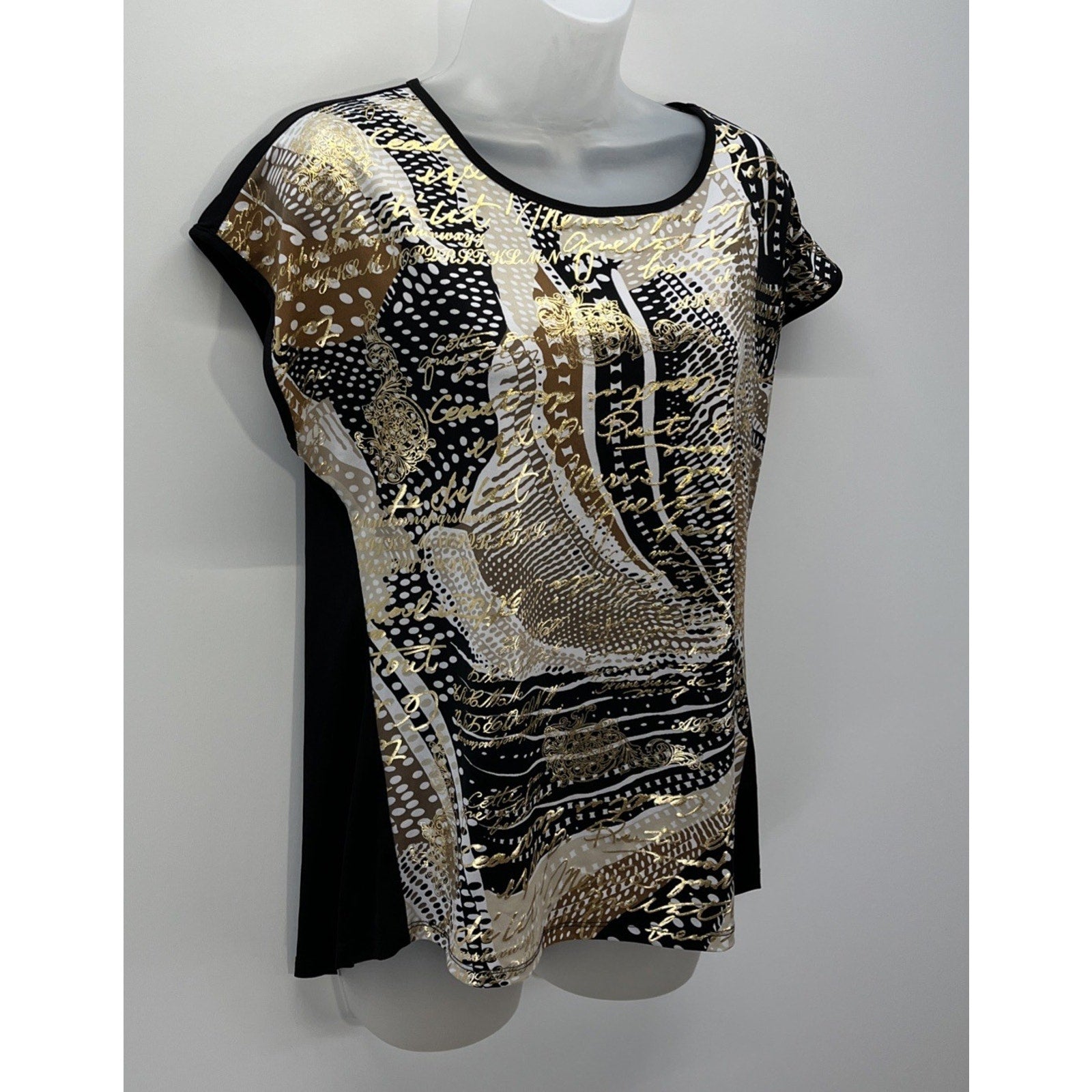 ALLISON DALEY Womens Size Petite Small Black Gold Script Shiny Dressy Top