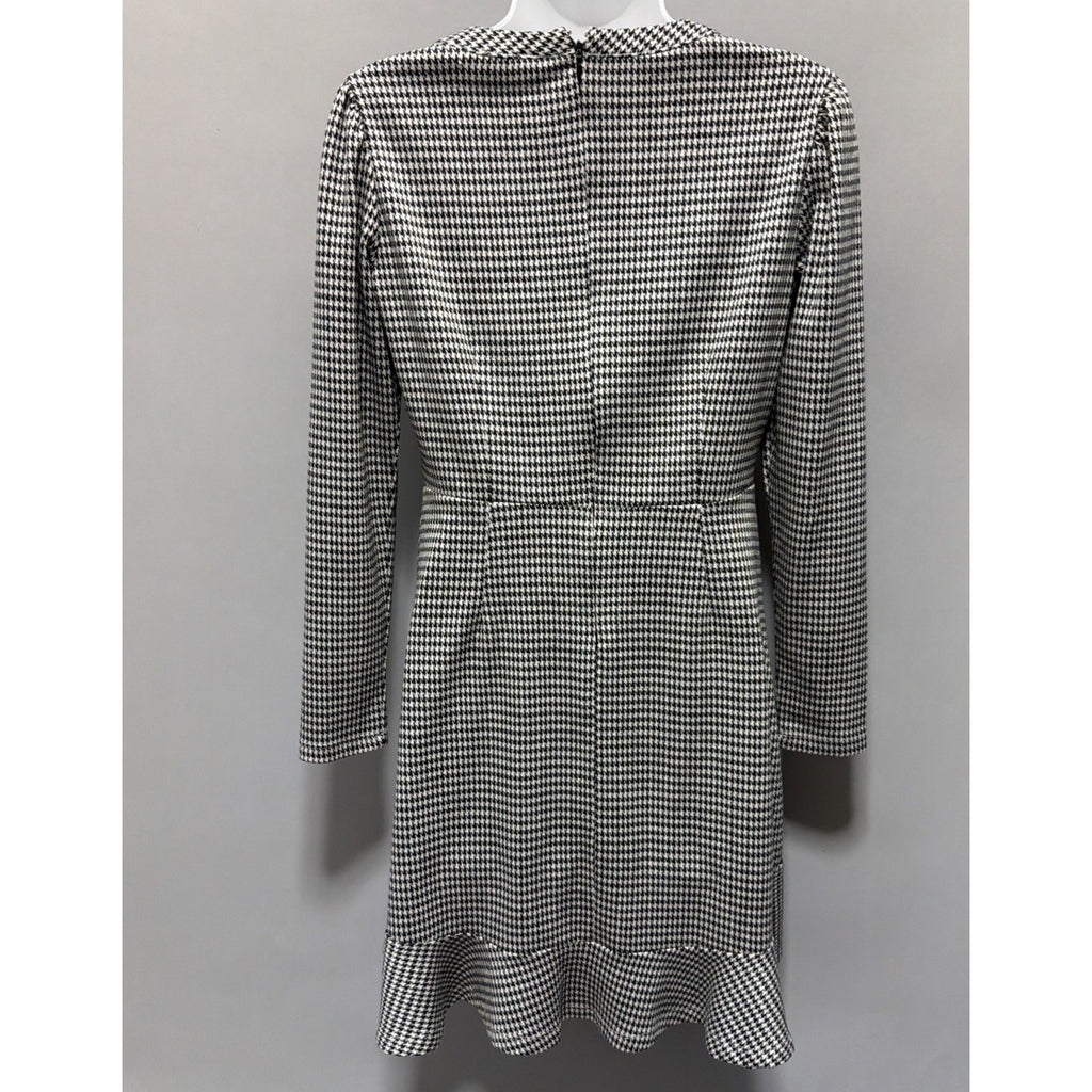 LOFT Houndstooth Ruffle Trim Flounce Long Sleeve Soft Knit Dress Size 2