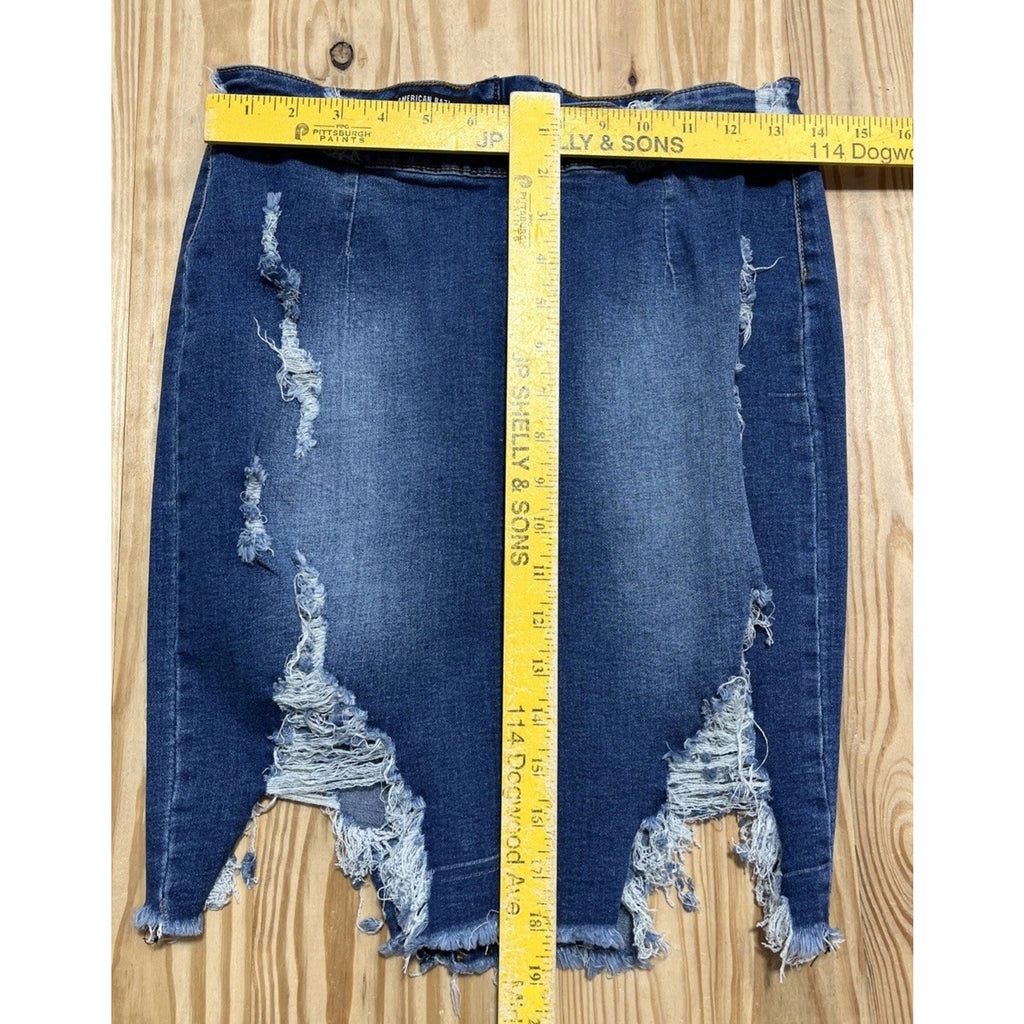 American Bazi LA Skirt Denim Jean Skirt Woman Distressed Front L Blue