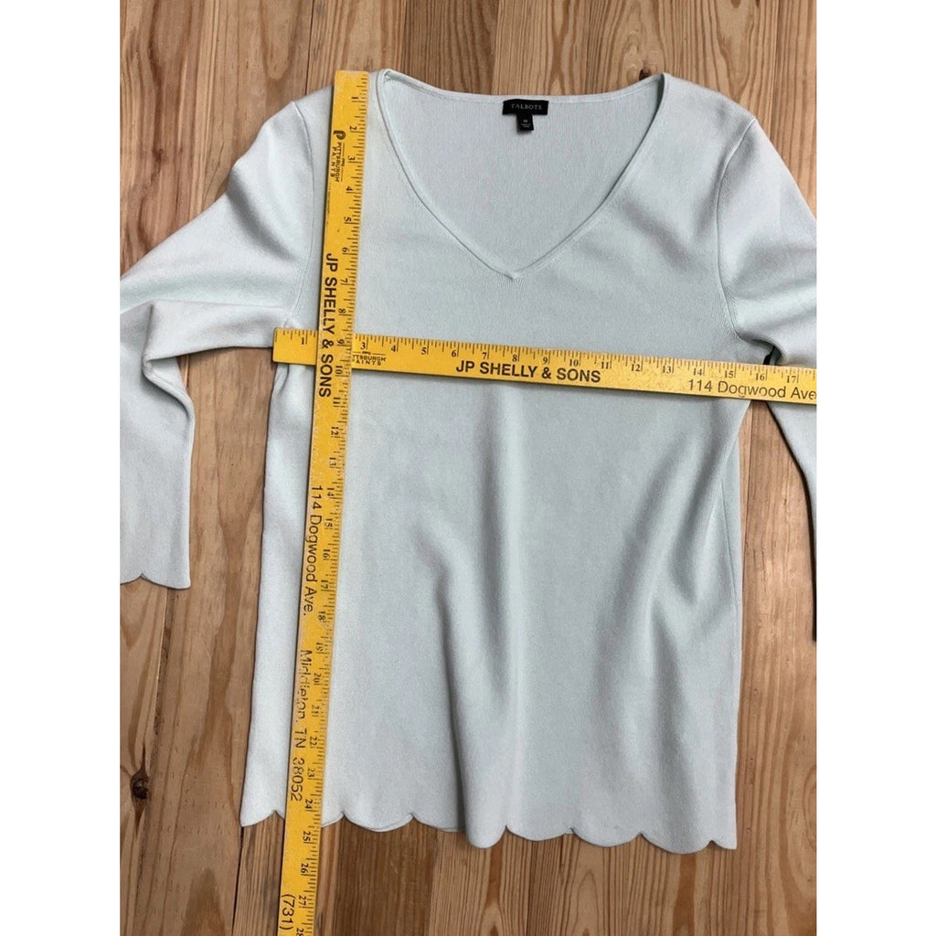Talbots Women's V-Neck Sweater Size M Light Blue Scalloped Edge