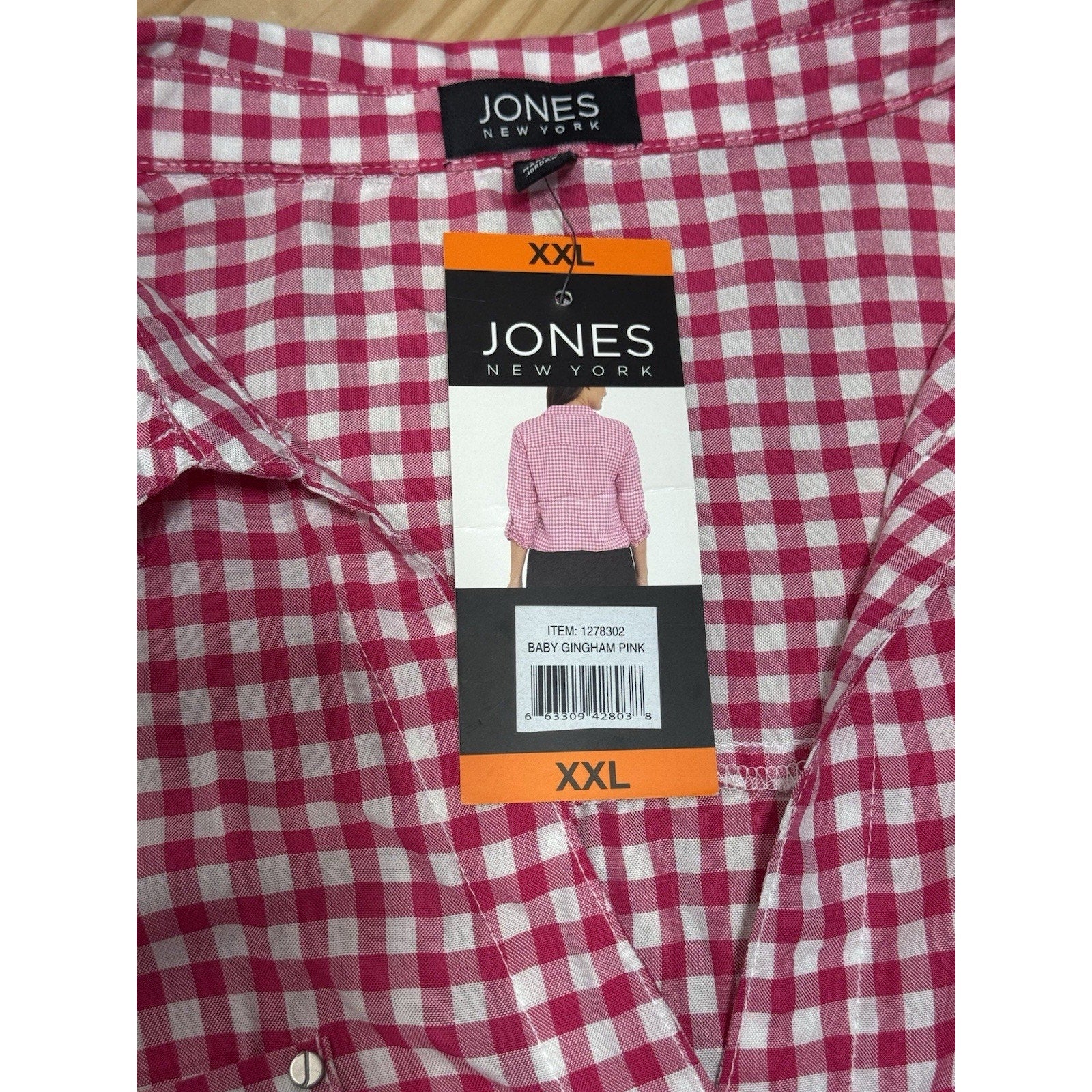 Jones New York Button Down Tie Pink White Gingham Blouse Women’s Size XXL NWT